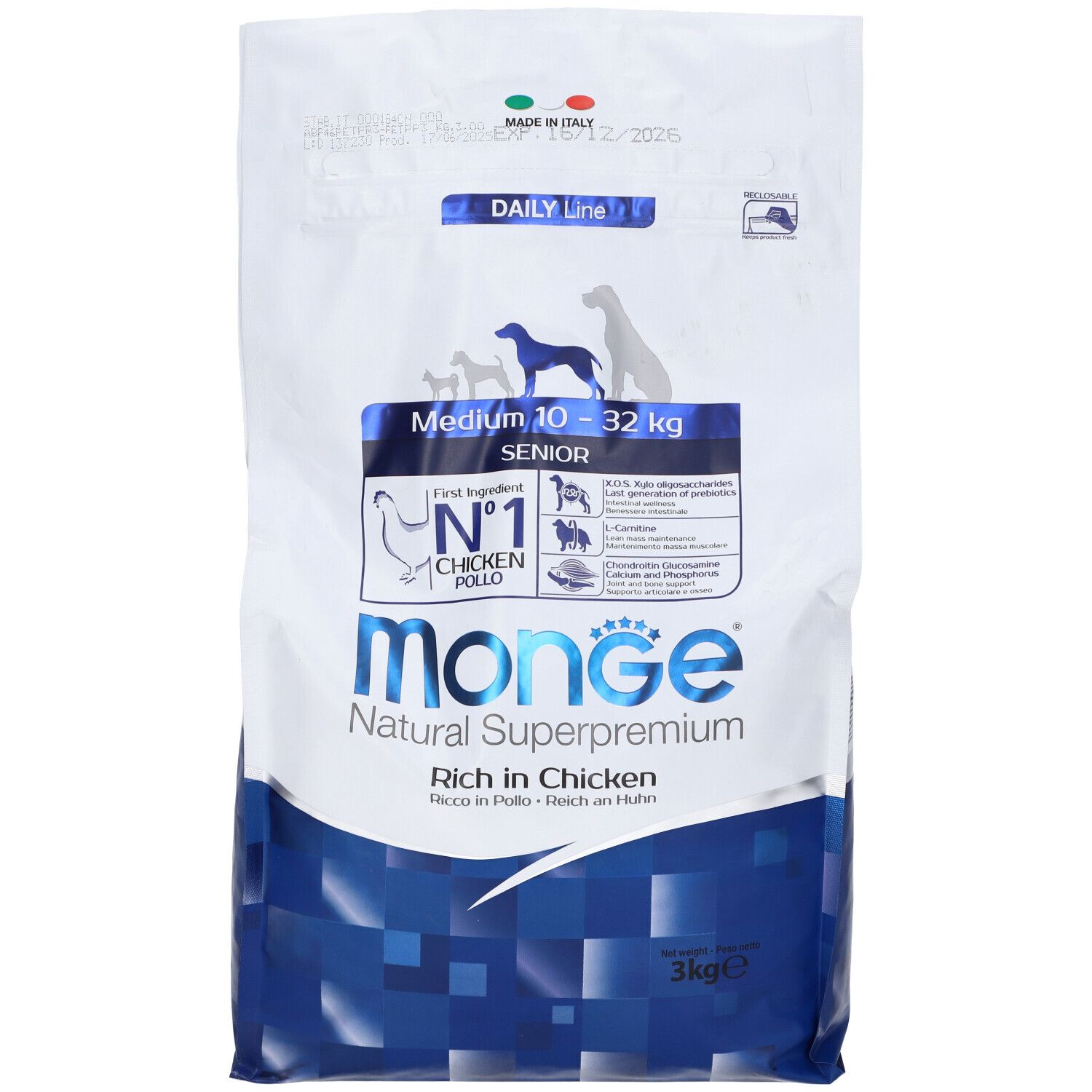 Sacchetto da 3 kg di cibo per cani Monge Natural Superpremium. Al pollo. Per cani senior di taglia media.