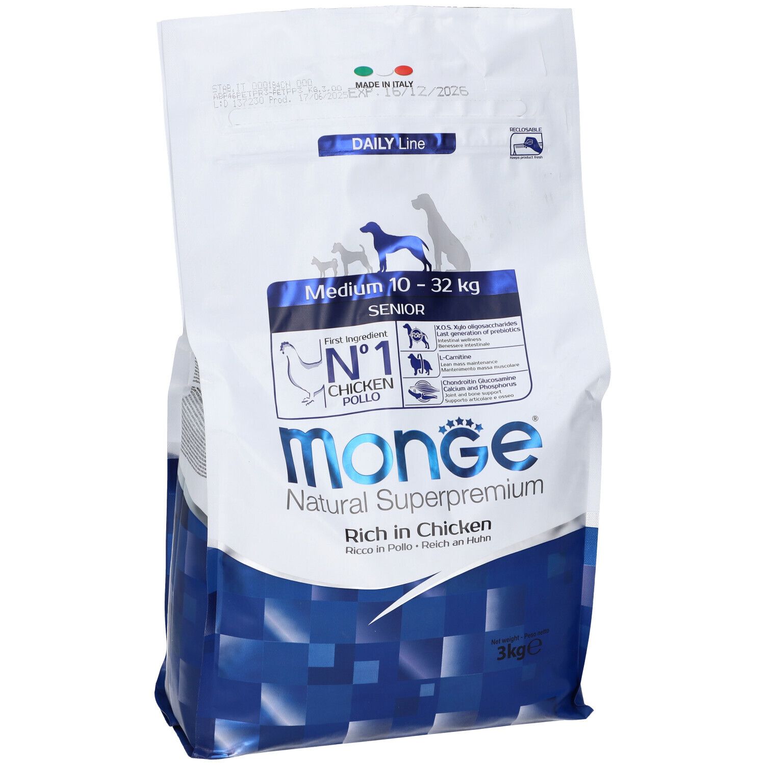 Sacchetto da 3 kg di cibo per cani Monge Natural Superpremium. Al pollo. Per cani senior di taglia media.