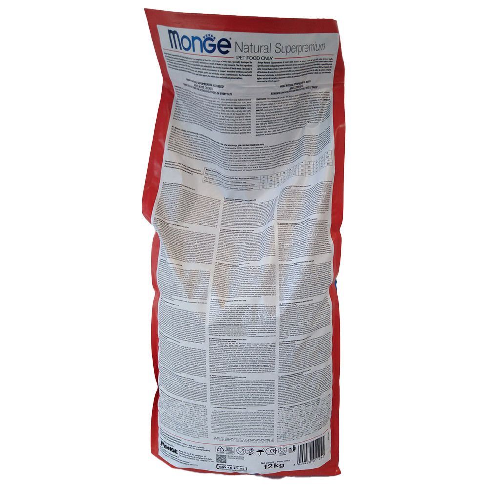 Retro del sacco di cibo per cani. Dettagli del testo su sfondo bianco. Bordi rossi.