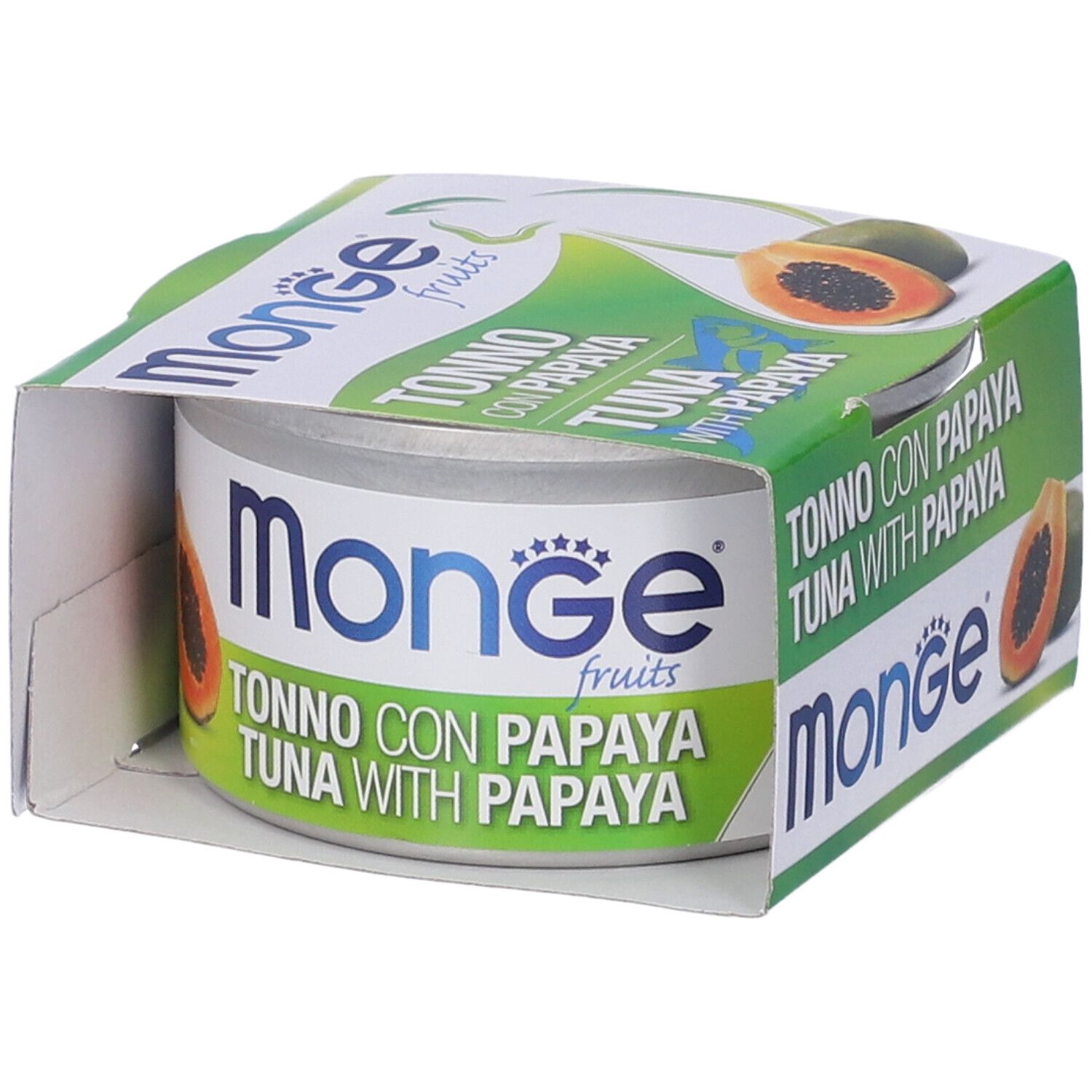 Lattina di cibo per gatti con tonno e papaya. Confezione con nome del prodotto e illustrazioni di papaya. Marchio Monge.