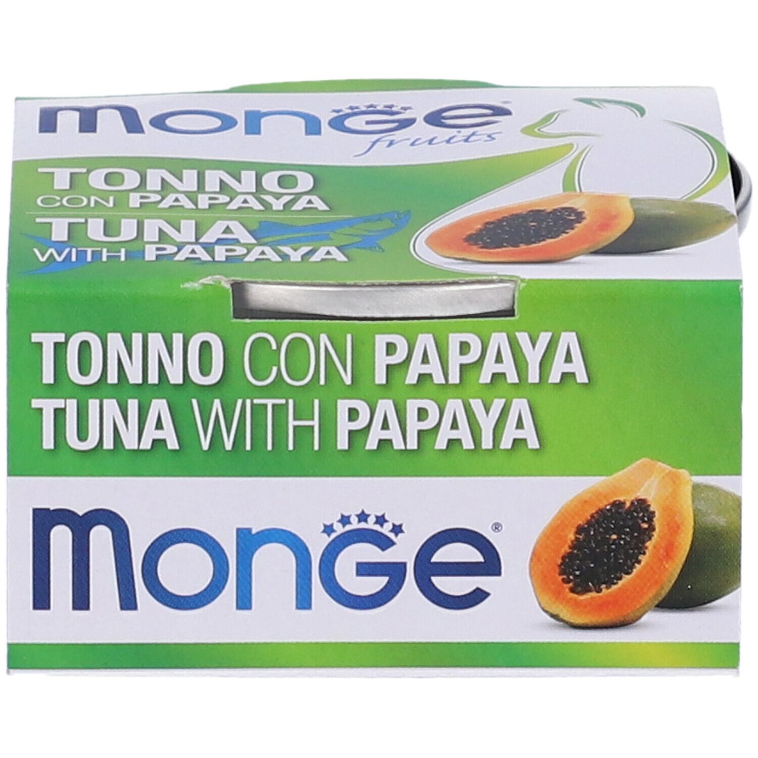 Lattina di cibo per gatti con tonno e papaya. Confezione con nome del prodotto e illustrazioni di papaya. Marchio Monge.