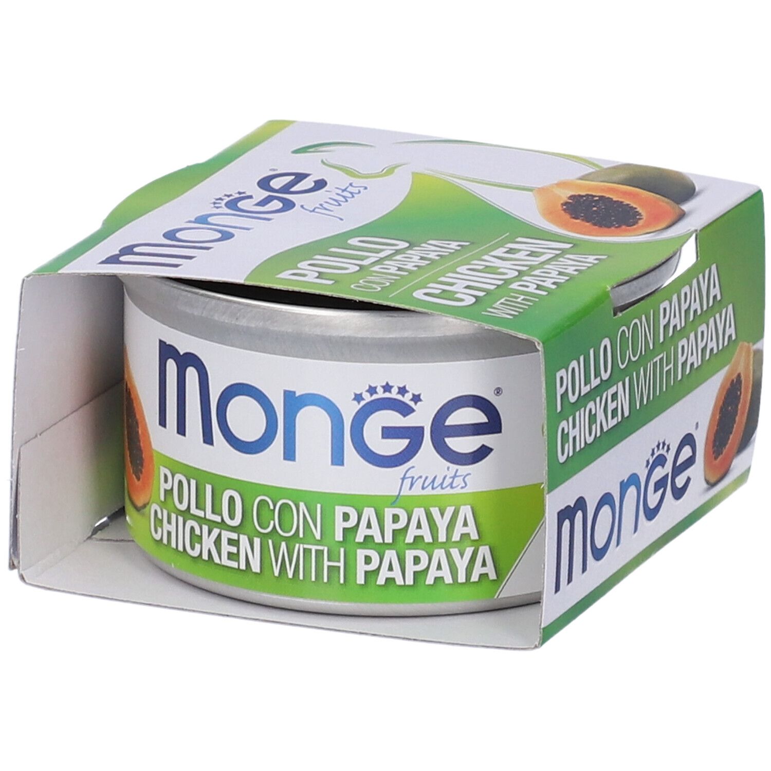 Alimento in scatola in confezione di cartone. Scritta: Pollo con Papaya, Chicken with Papaya. Logo: Monge.