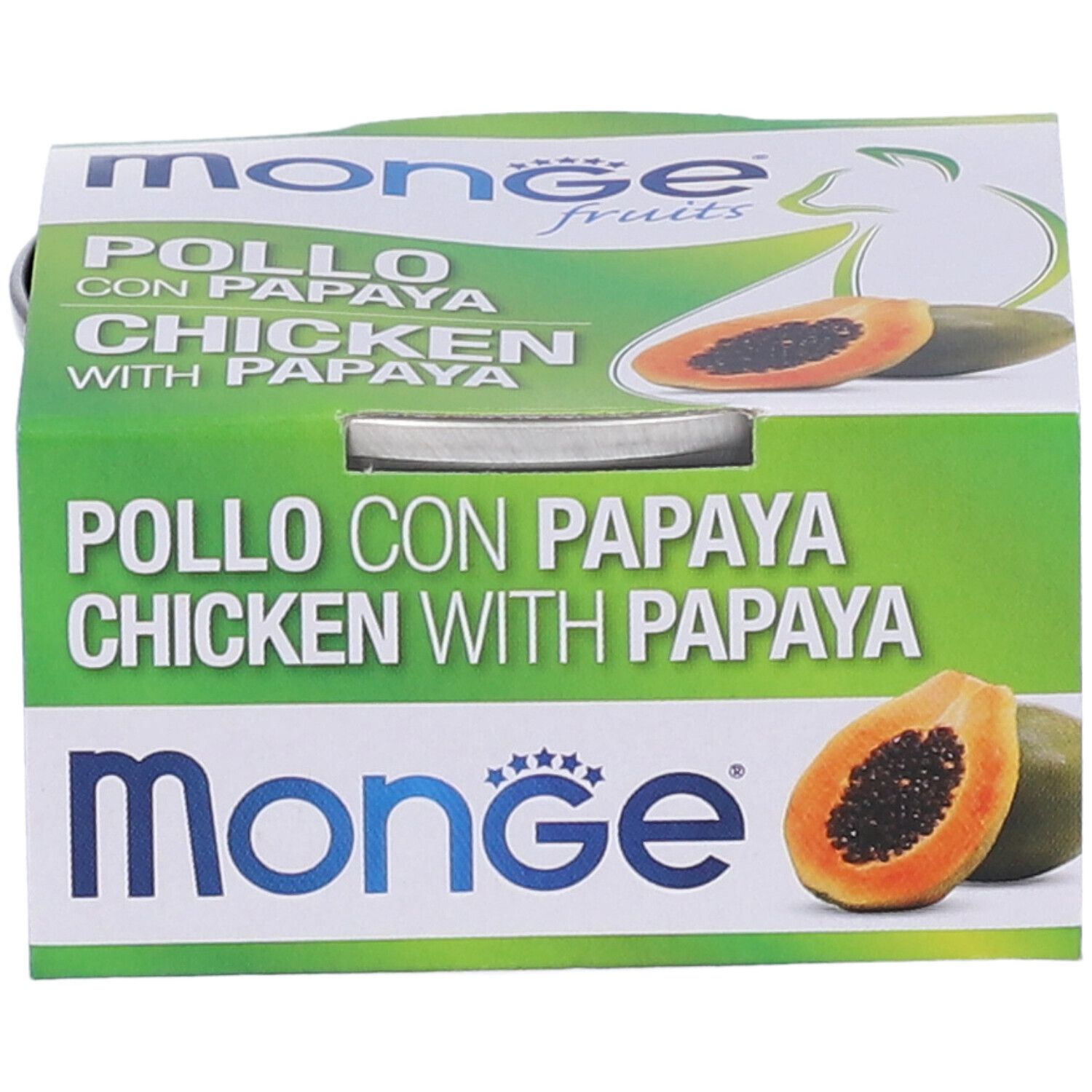 Alimento in scatola in confezione di cartone. Scritta: Pollo con Papaya, Chicken with Papaya. Logo: Monge.