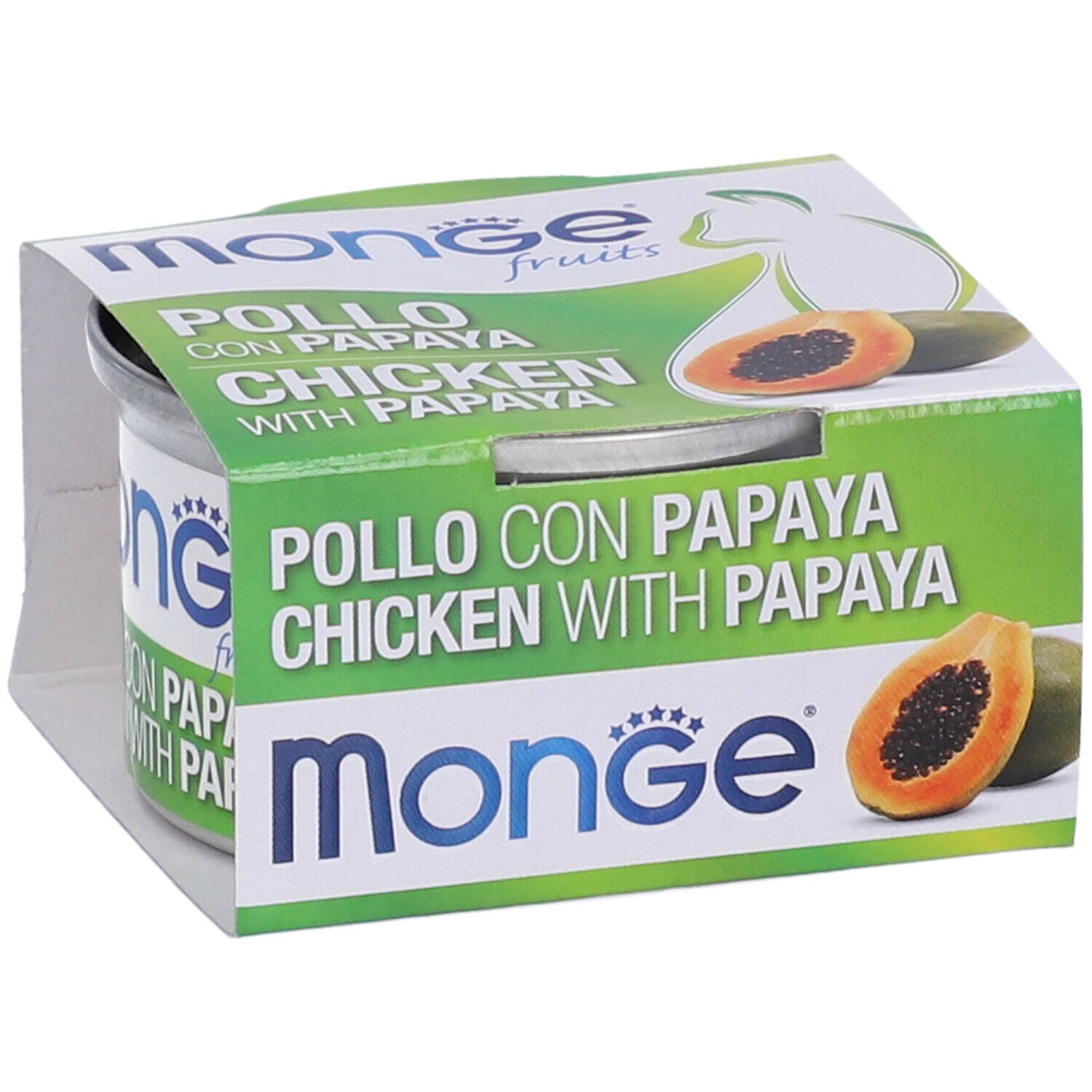 Alimento in scatola in confezione di cartone. Scritta: Pollo con Papaya, Chicken with Papaya. Logo: Monge.