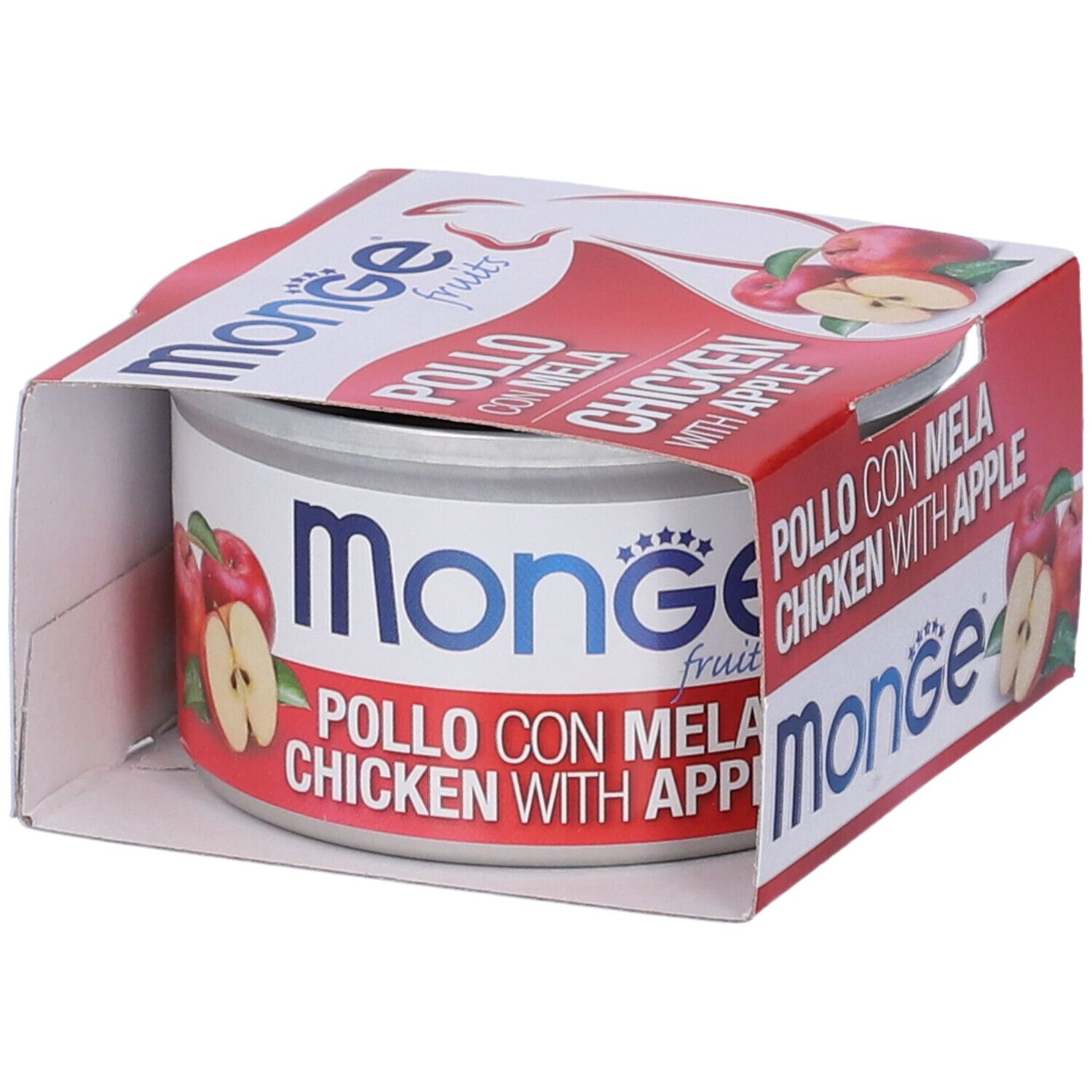 Scatola di cibo per gatti Monge Fruits, pollo e mela, in confezione. Lattina con nome del prodotto e immagine di mela.