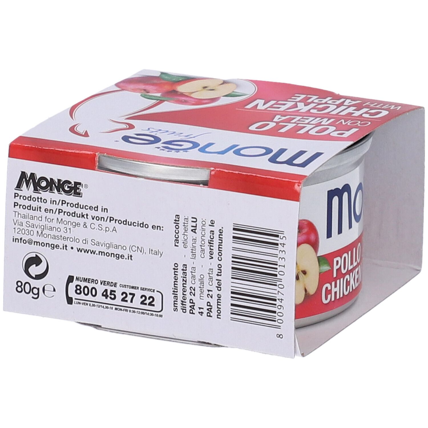 Scatola di cibo per gatti Monge Fruits, pollo e mela, in confezione. Retro della confezione con informazioni e logo.