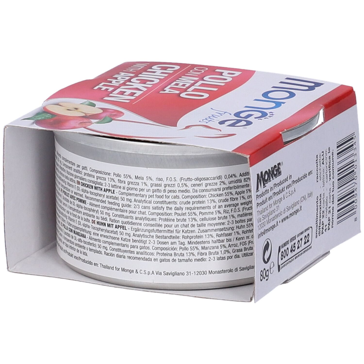 Scatola di cibo per gatti Monge Fruits, pollo e mela, in confezione. Confezione con informazioni e logo.