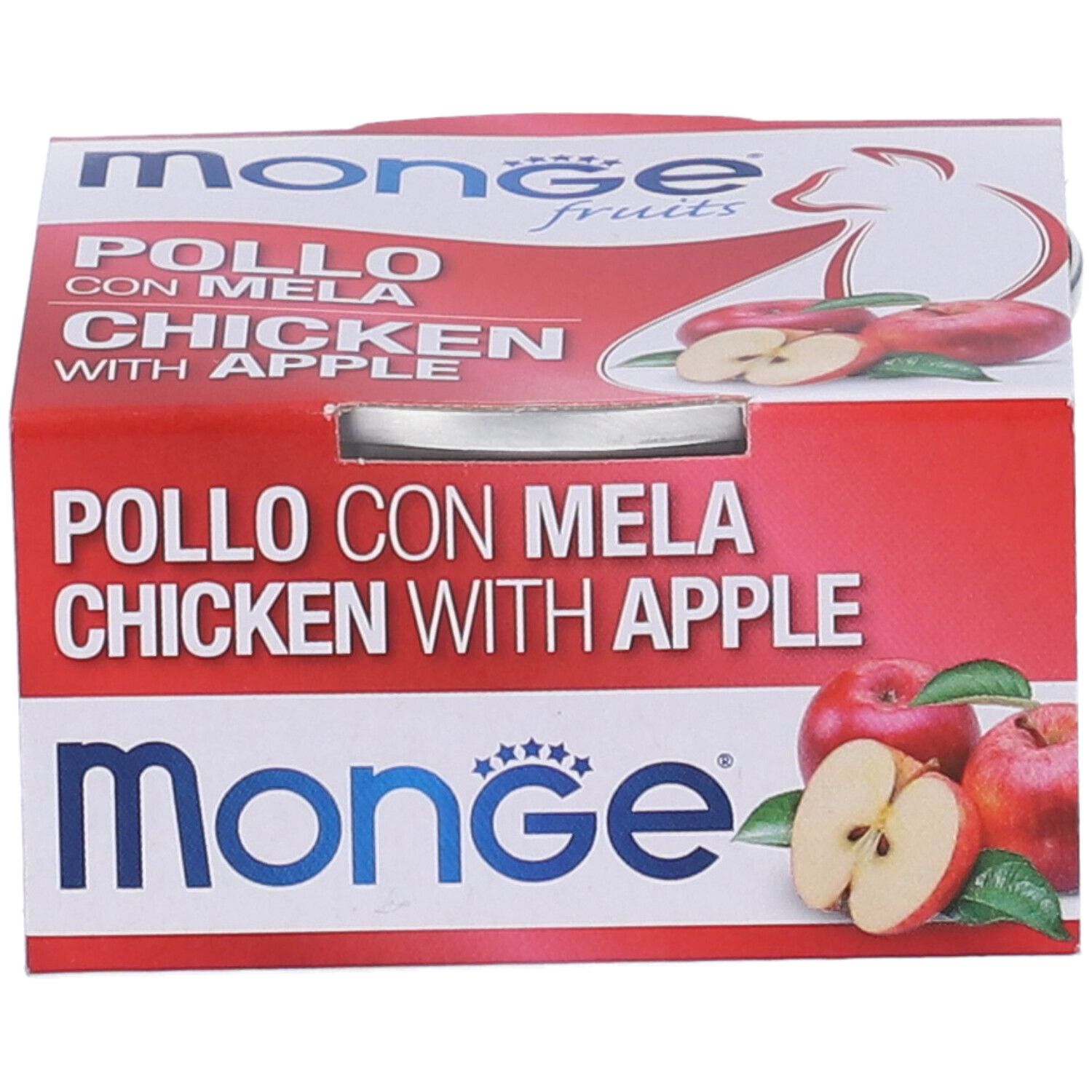 Confezione di cibo per gatti Monge Fruits, pollo e mela. Confezione rossa e bianca con nome del prodotto e immagine di mela.