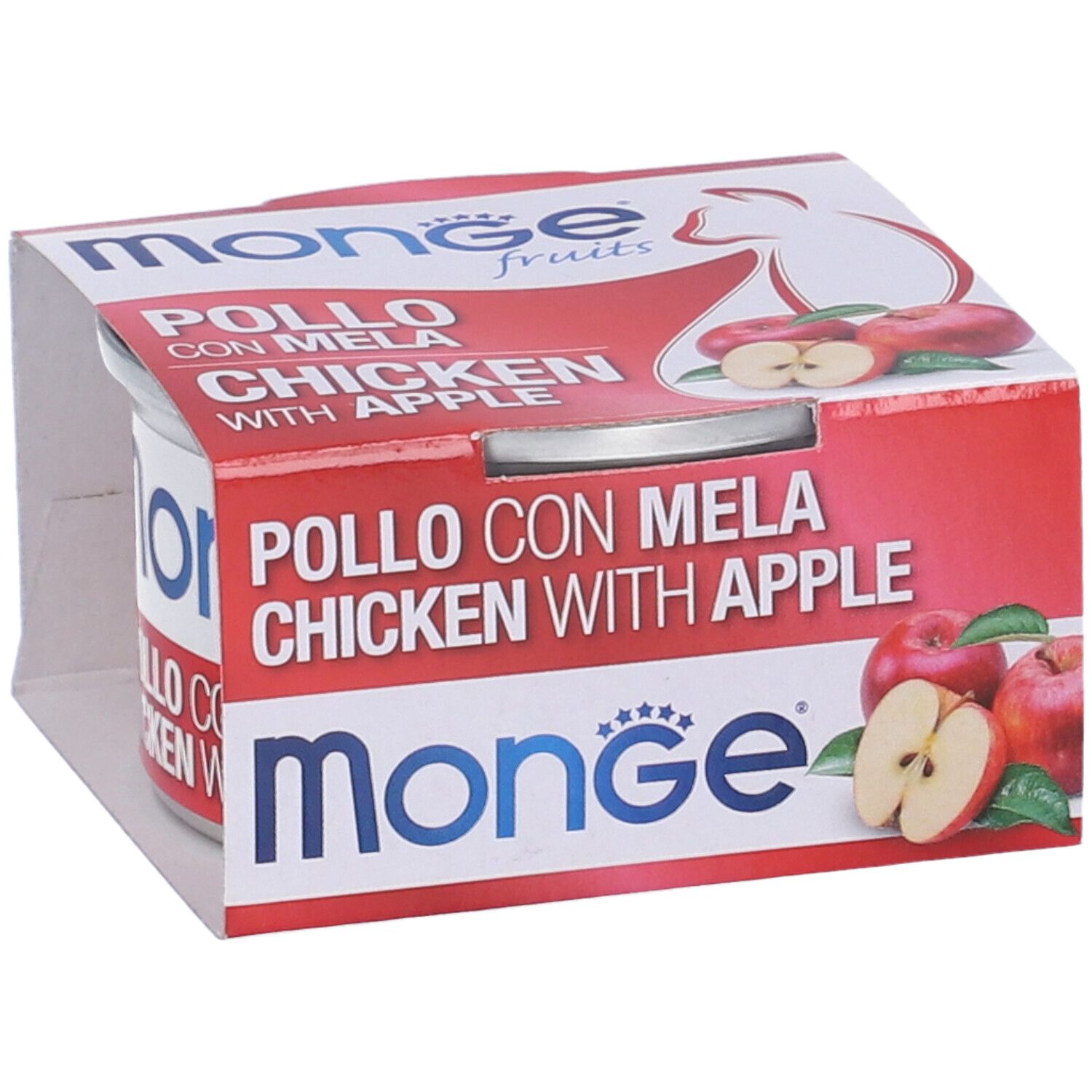 Scatola di cibo per gatti Monge Fruits, pollo e mela, in confezione. Lattina con nome del prodotto e immagine di mela.