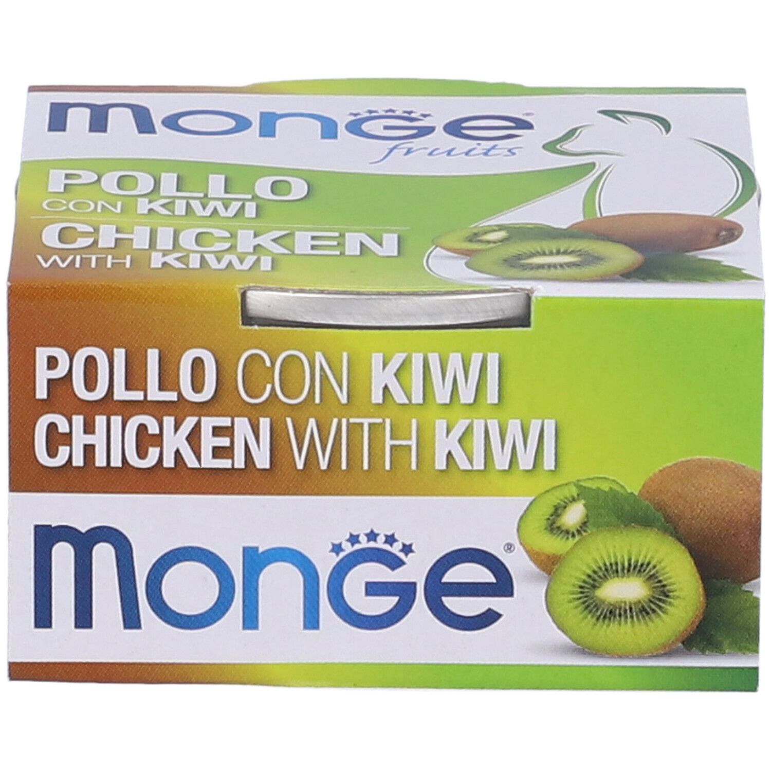 Confezione in cartone con scritta: Pollo con Kiwi Chicken with Kiwi. Marchio: Monge. Illustrazione di kiwi.