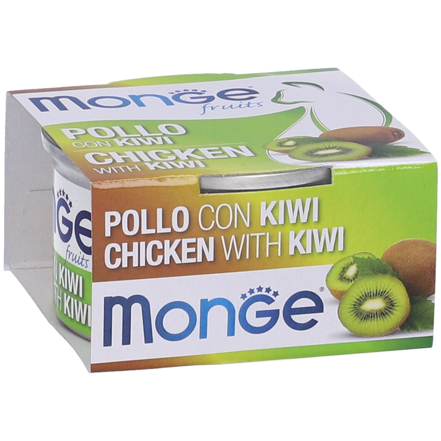 Alimento in scatola in confezione di cartone. Scritta: Pollo con Kiwi Chicken with Kiwi. Marchio: Monge. Illustrazione di kiwi.