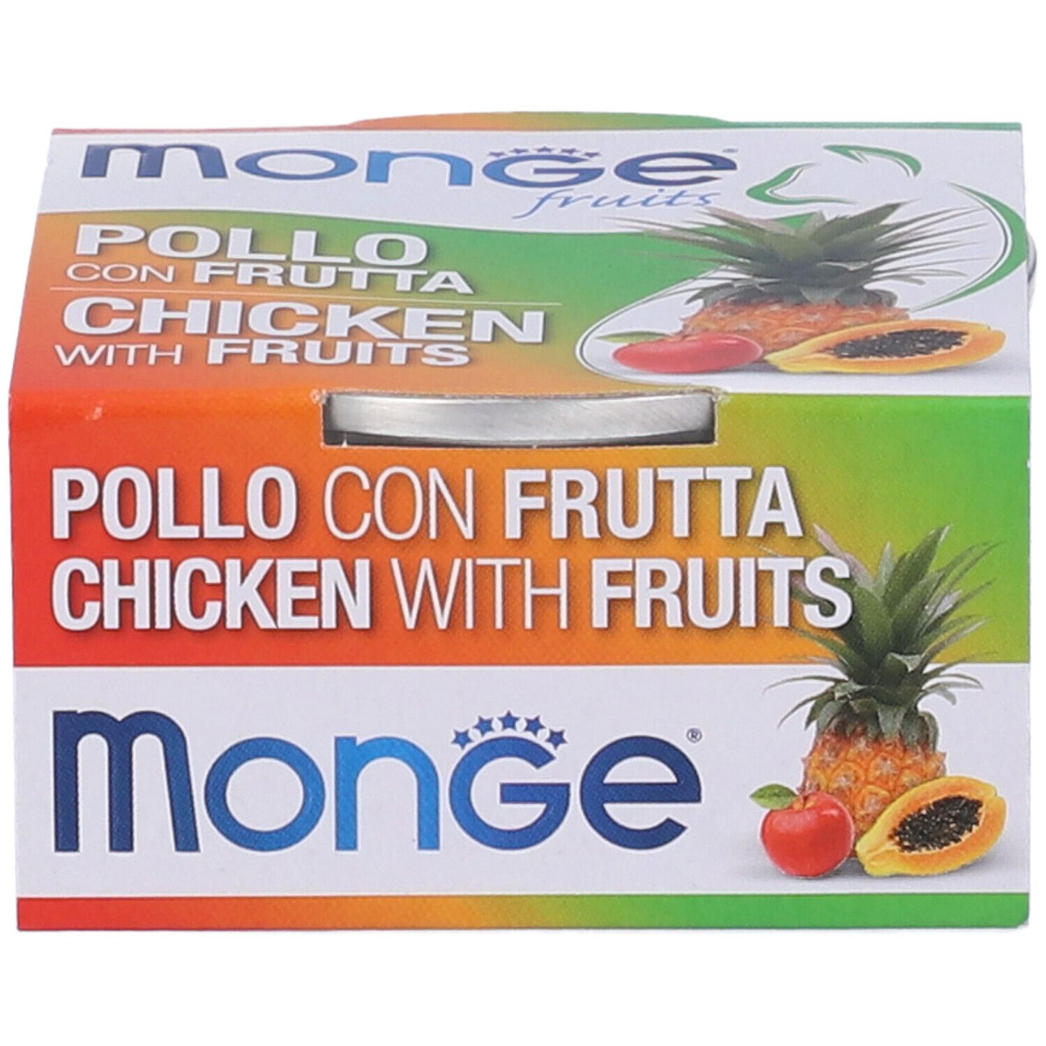Scatola di cibo per gatti Monge Fruits, con coperchio, in confezione di cartone. Scritto: Pollo con Frutta Chicken with Fruits.