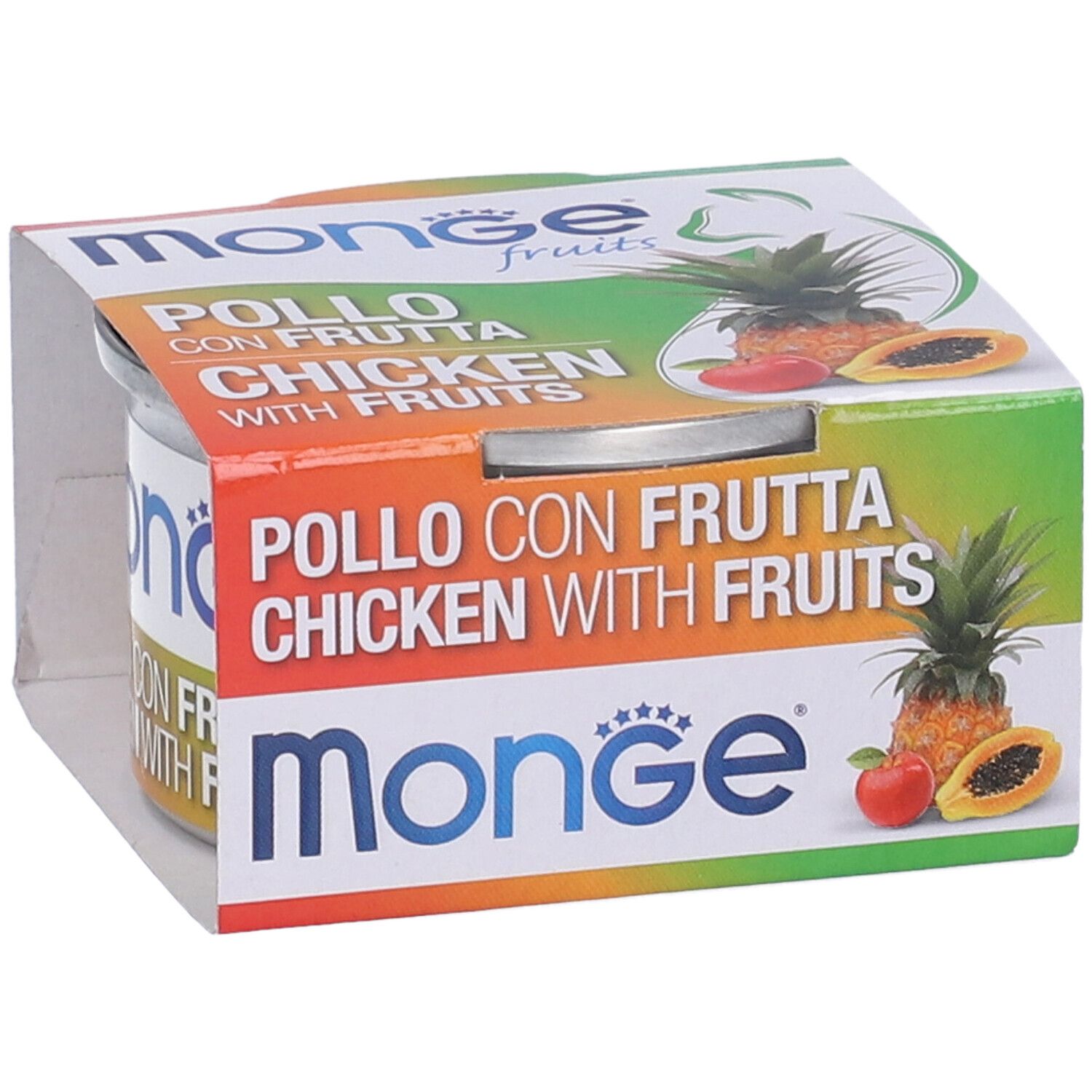 Scatola di cibo per gatti Monge Fruits, con coperchio, in confezione di cartone. Scritto: Pollo con Frutta Chicken with Fruits.