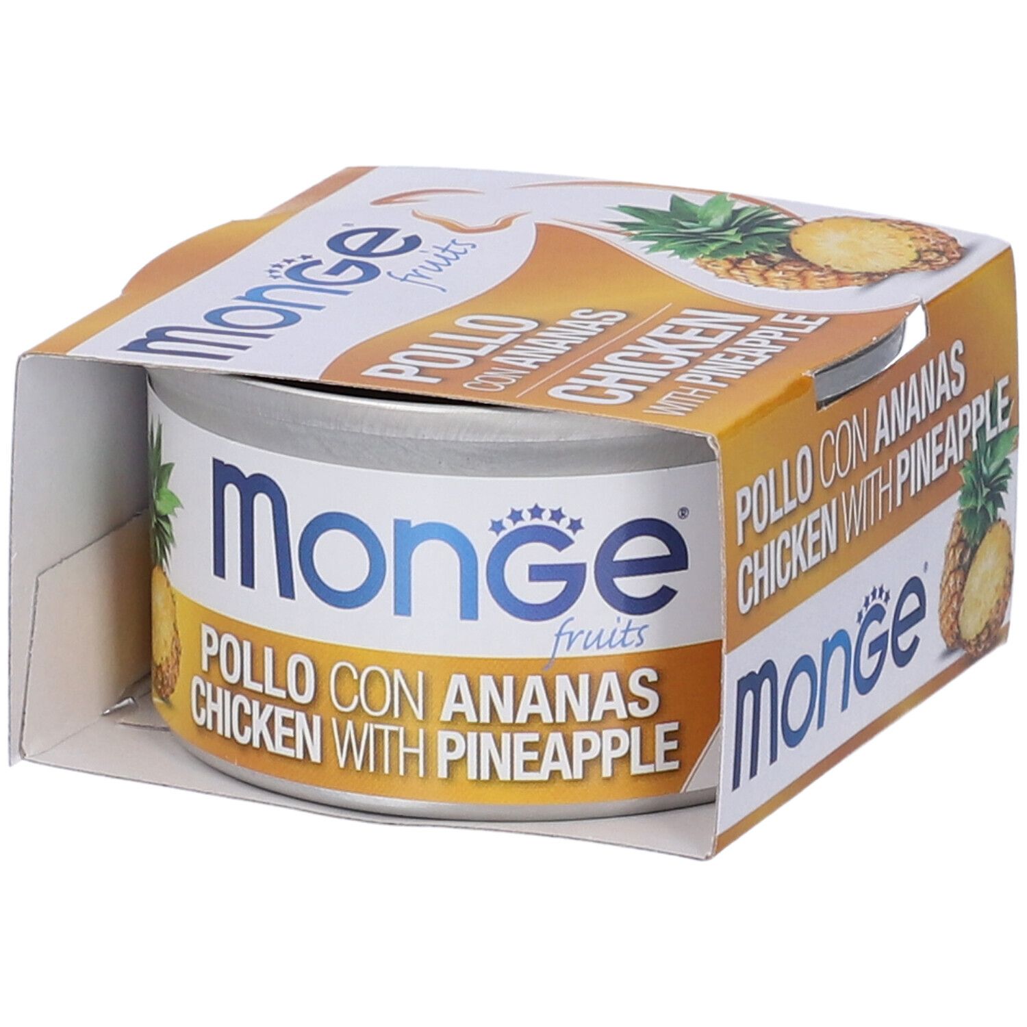 Cibo in scatola 'Pollo con Ananas Chicken with Pineapple'. Scatola in confezione aperta. Marchio Monge.