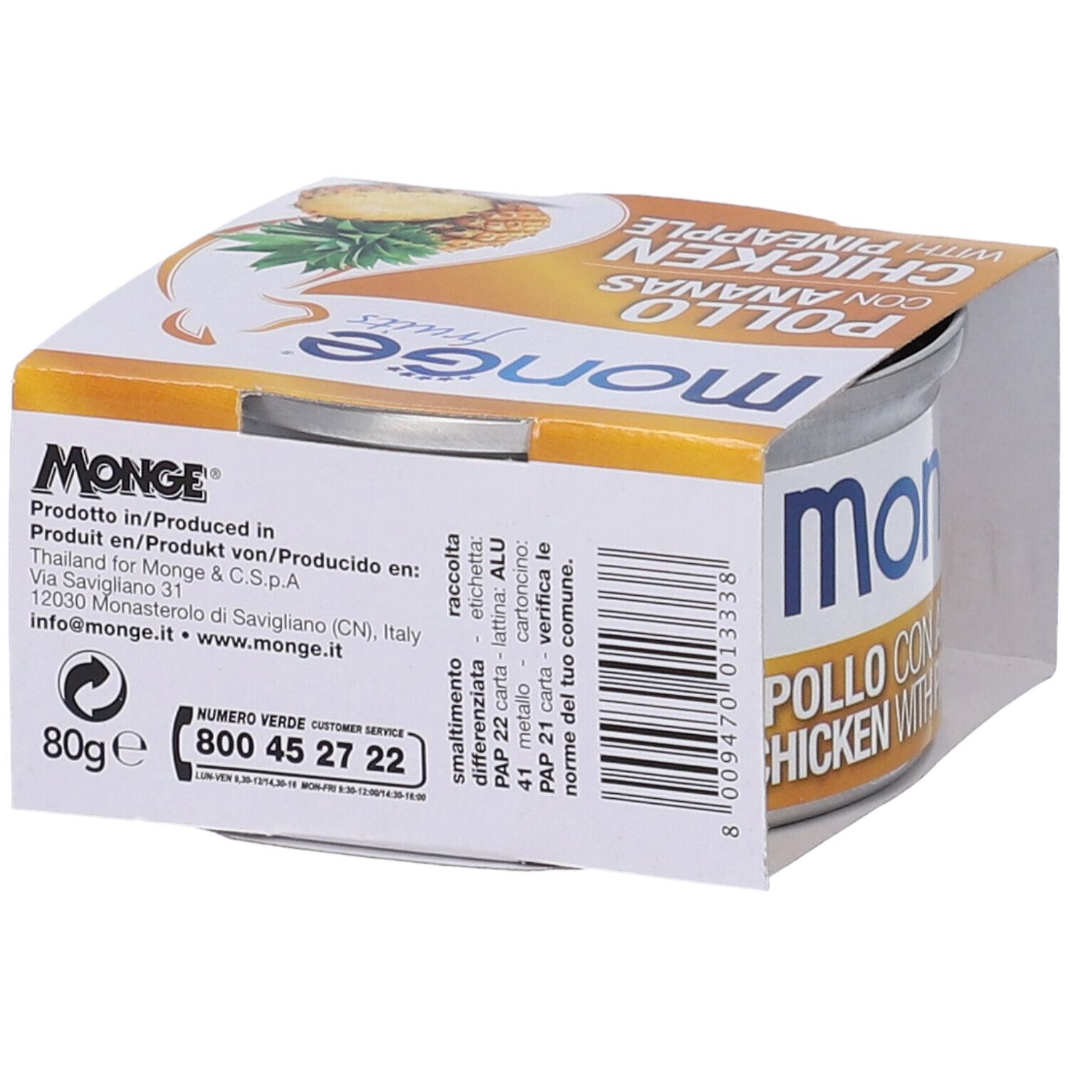 Retro della scatoletta 'Pollo con Ananas'. Testo con ingredienti e informazioni produttore. Marchio Monge.