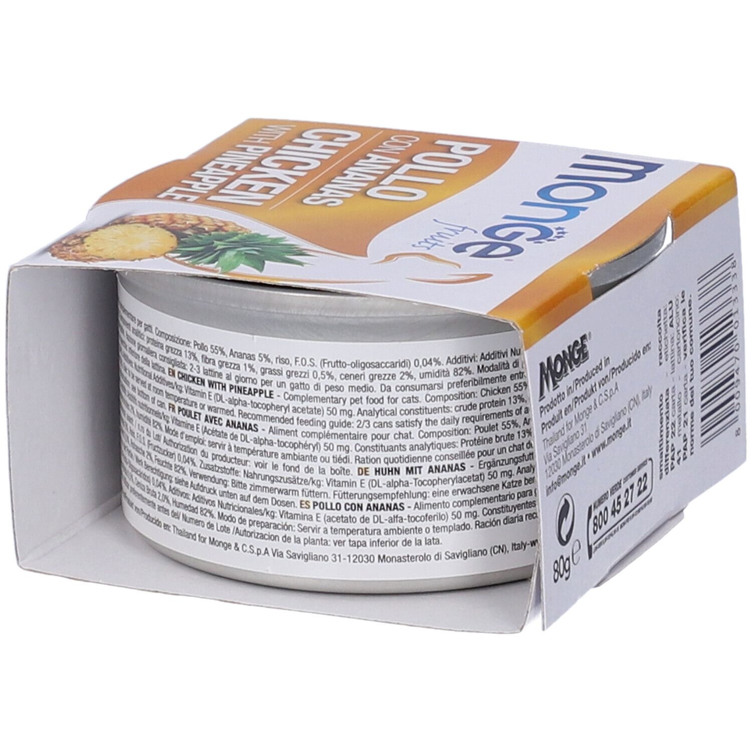 Scatoletta 'Pollo con Ananas' in confezione aperta. Testo con ingredienti. Marchio Monge.
