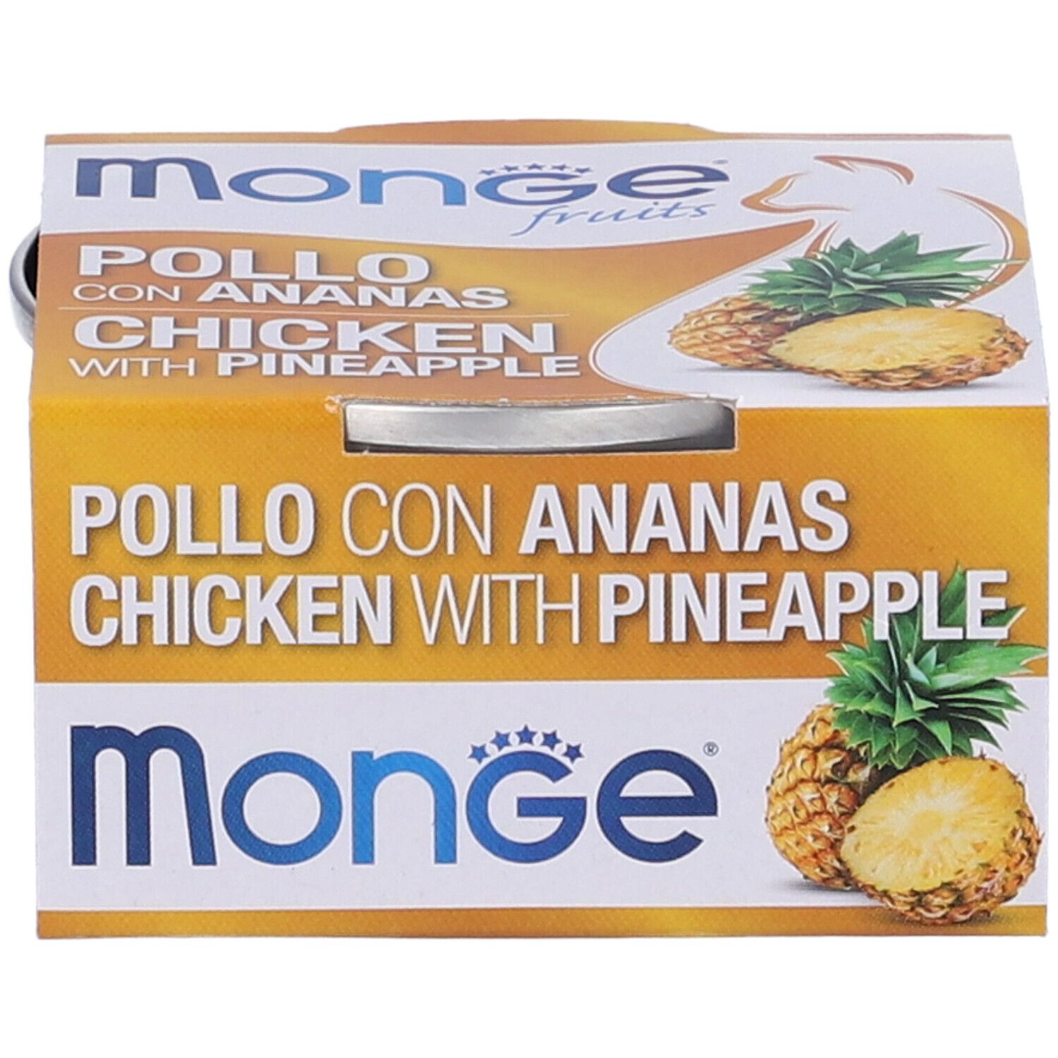 Cibo in scatola 'Pollo con Ananas Chicken with Pineapple'. Marchio Monge. Confezione con illustrazioni di ananas.