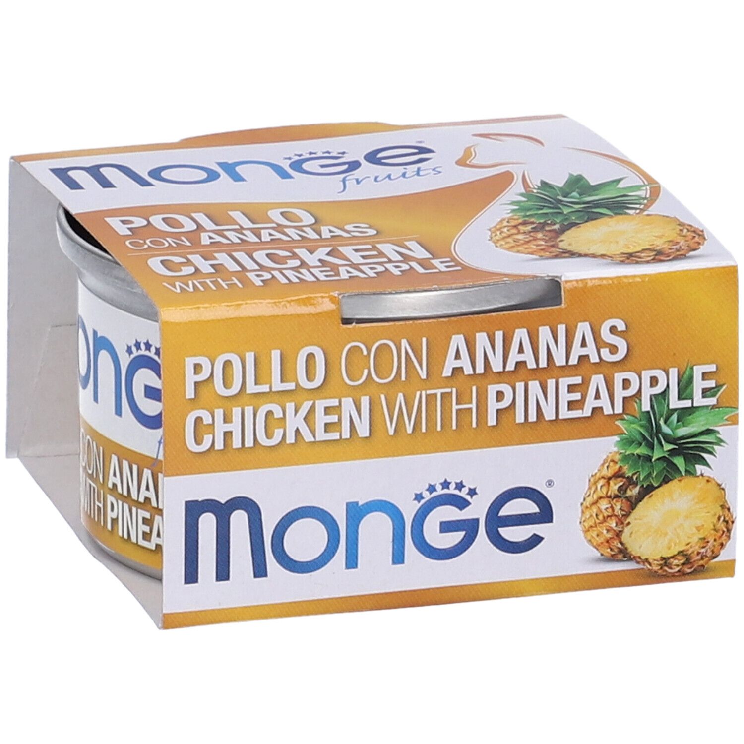 Cibo in scatola 'Pollo con Ananas Chicken with Pineapple'. Marchio Monge. Confezione con illustrazioni di ananas.
