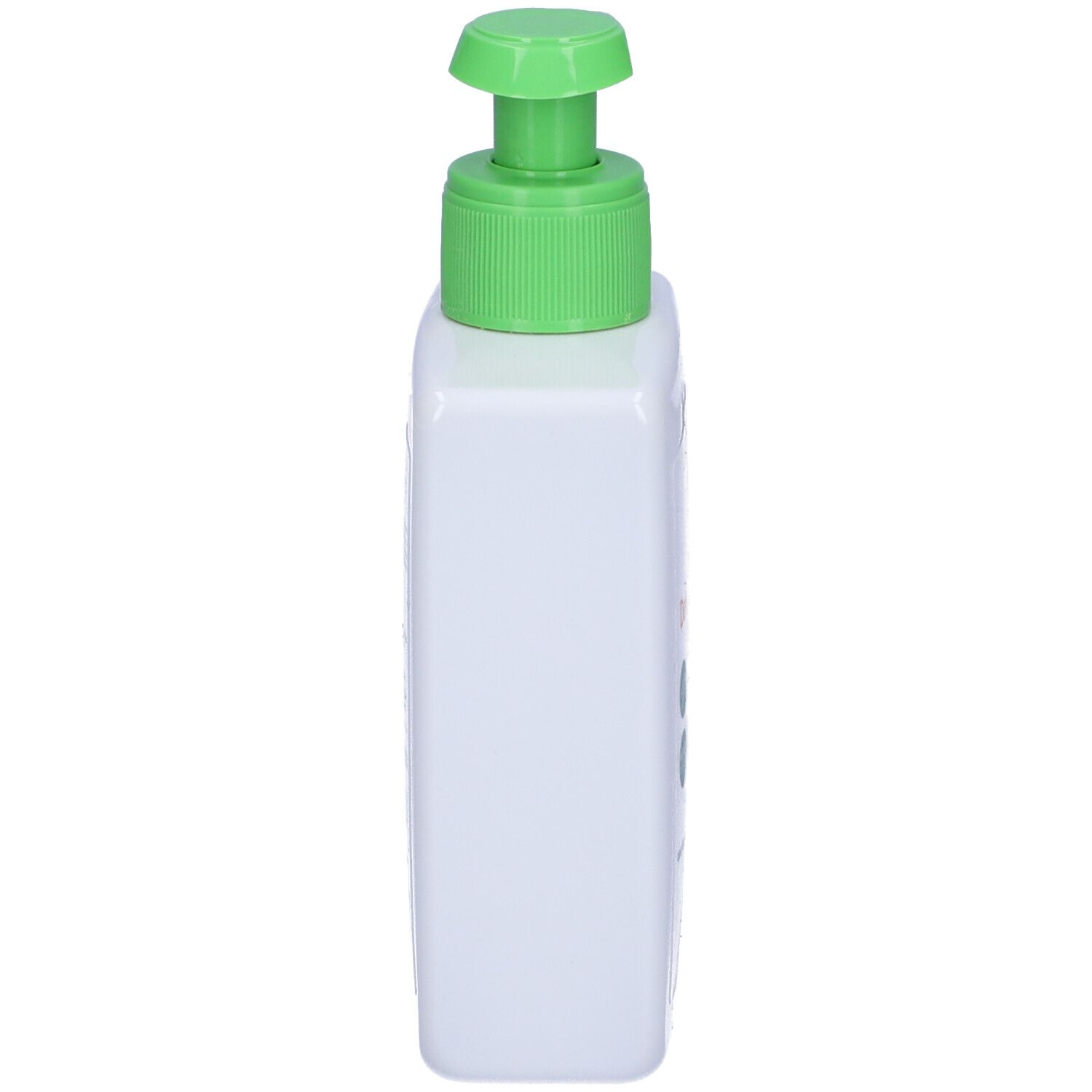 Dispenser bianco rettangolare con pompetta verde. Vista laterale.