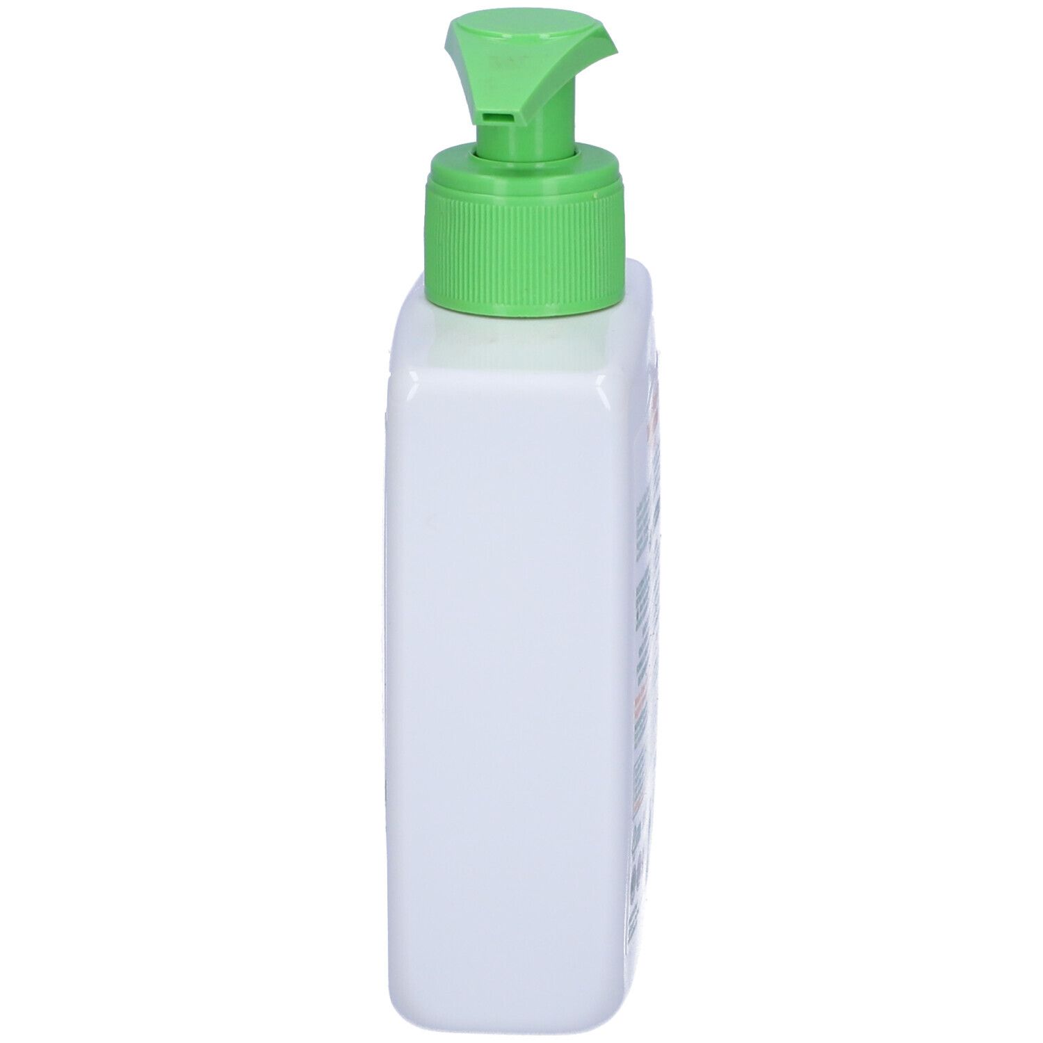 Dispenser bianco rettangolare con pompetta verde. Vista laterale.