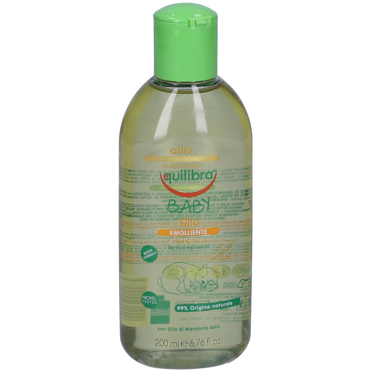 Flacone trasparente con tappo verde. Scritta: Equilibra Baby Olio Emolliente. 99% origine naturale. 200 ml.