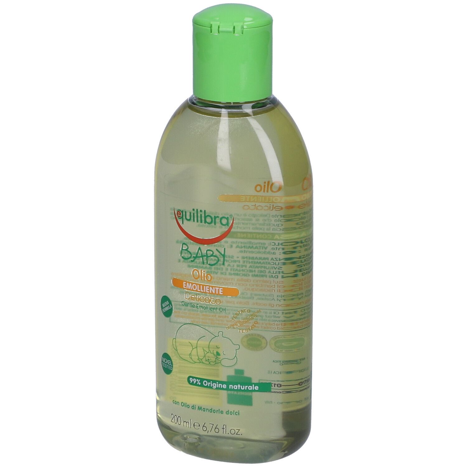 Flacone trasparente con tappo verde. Scritta: Equilibra Baby Olio Emolliente. 99% origine naturale. 200 ml.