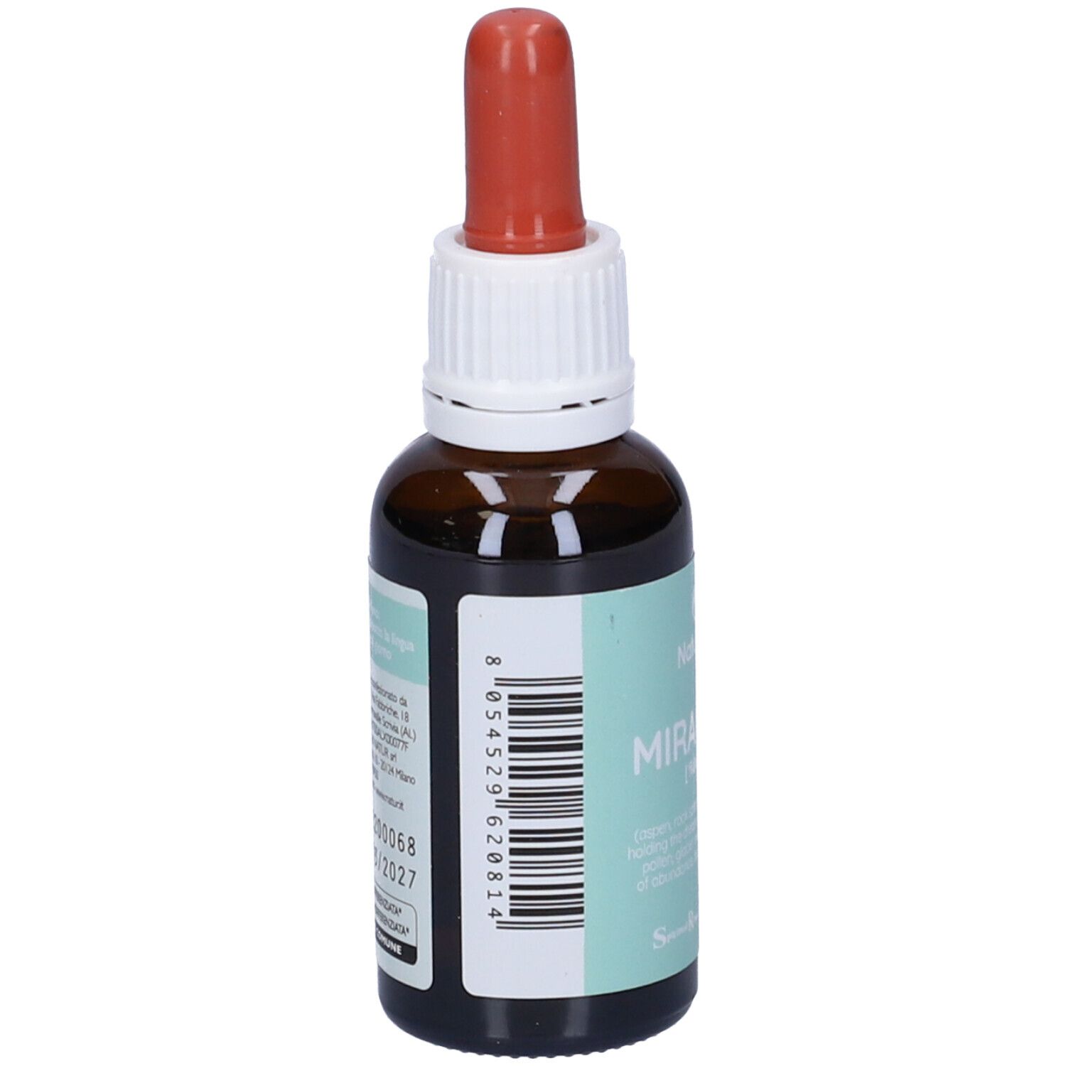Flacone di vetro marrone con contagocce. Scritta: Natur Mix, Miracoli! [fiducia]. Etichetta con codice a barre e testo.
