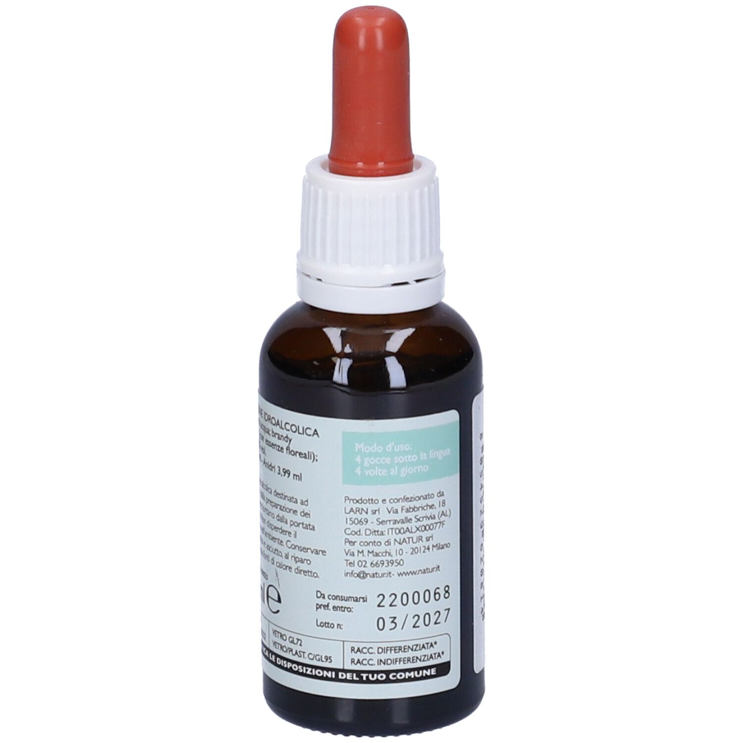 Flacone di vetro marrone con contagocce. Etichetta con testo. Scritta: Miracoli! [fiducia]. Informazioni sul prodotto.