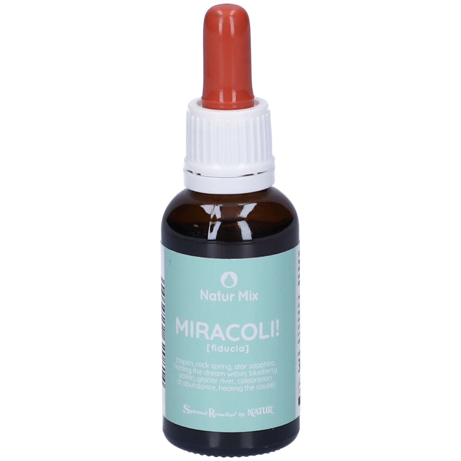 Flacone di vetro marrone con contagocce. Scritta: Natur Mix, Miracoli! [fiducia]. Etichetta con testo e 30 ml.