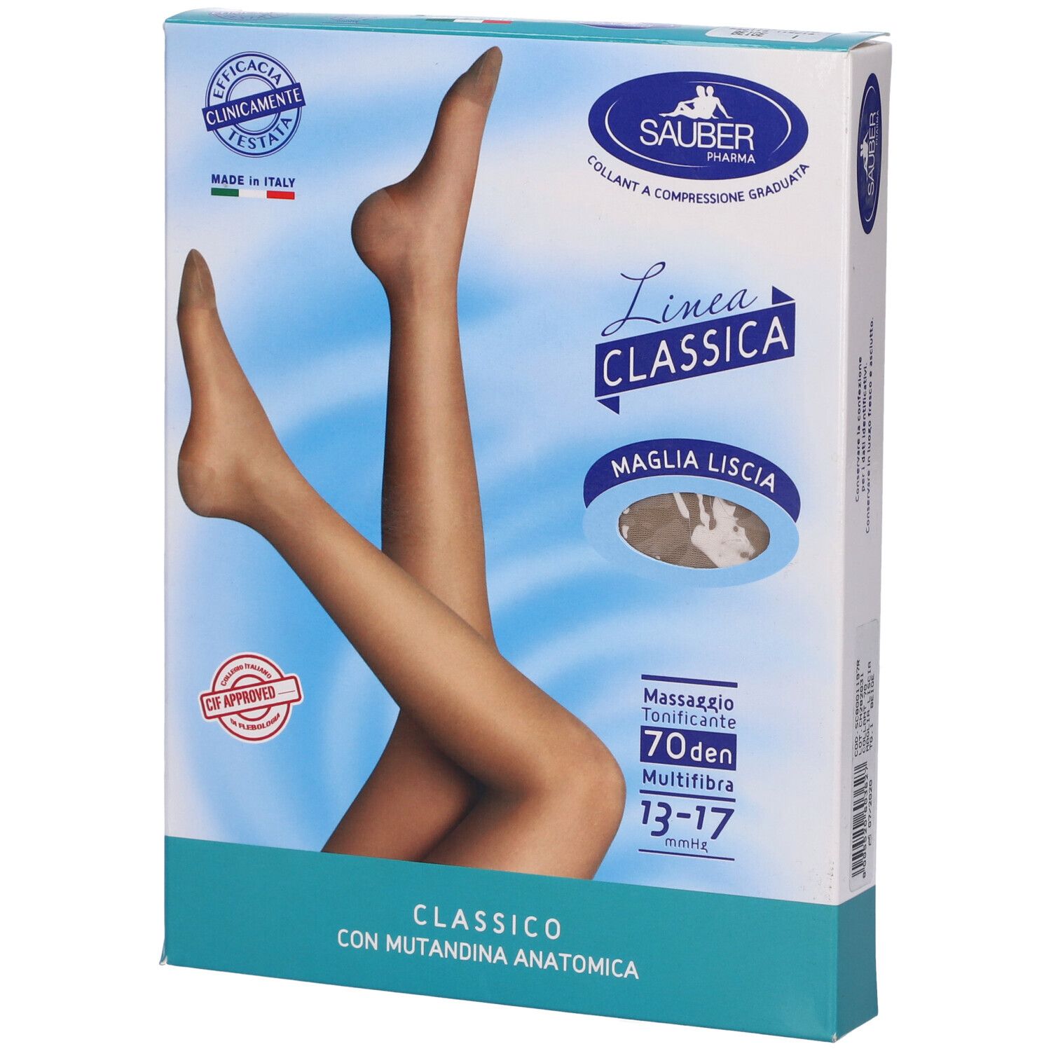 Confezione collant Sauber Pharma, Linea Classica, Maglia Liscia, 70 den, 13-17 mmHg. Con mutandina anatomica.