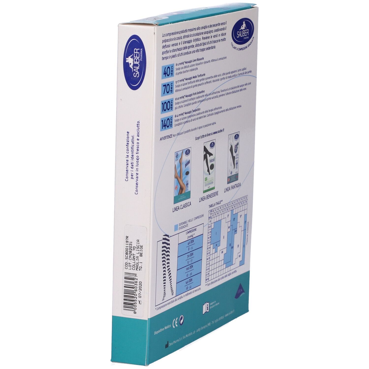 Vista laterale della confezione con informazioni sui collant. Marchio Sauber Pharma. Tabelle taglie e compressione.