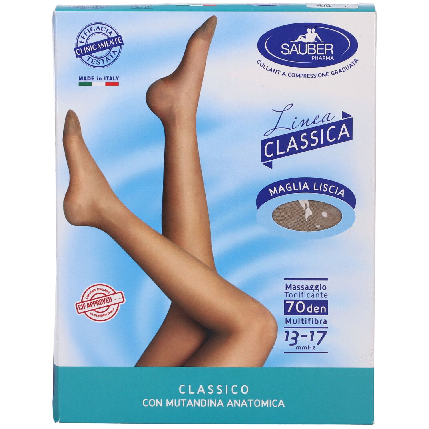 Confezione collant Sauber Pharma, Linea Classica, Maglia Liscia, 70 den, 13-17 mmHg. Con mutandina anatomica.