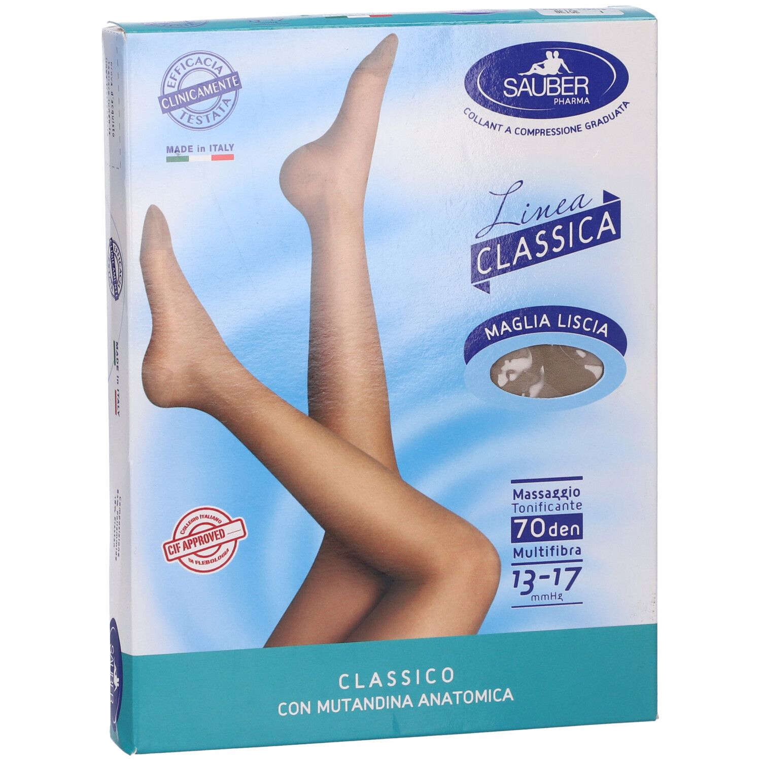 Confezione collant Sauber Pharma, Linea Classica, Maglia Liscia, 70 den, 13-17 mmHg. Con mutandina anatomica.