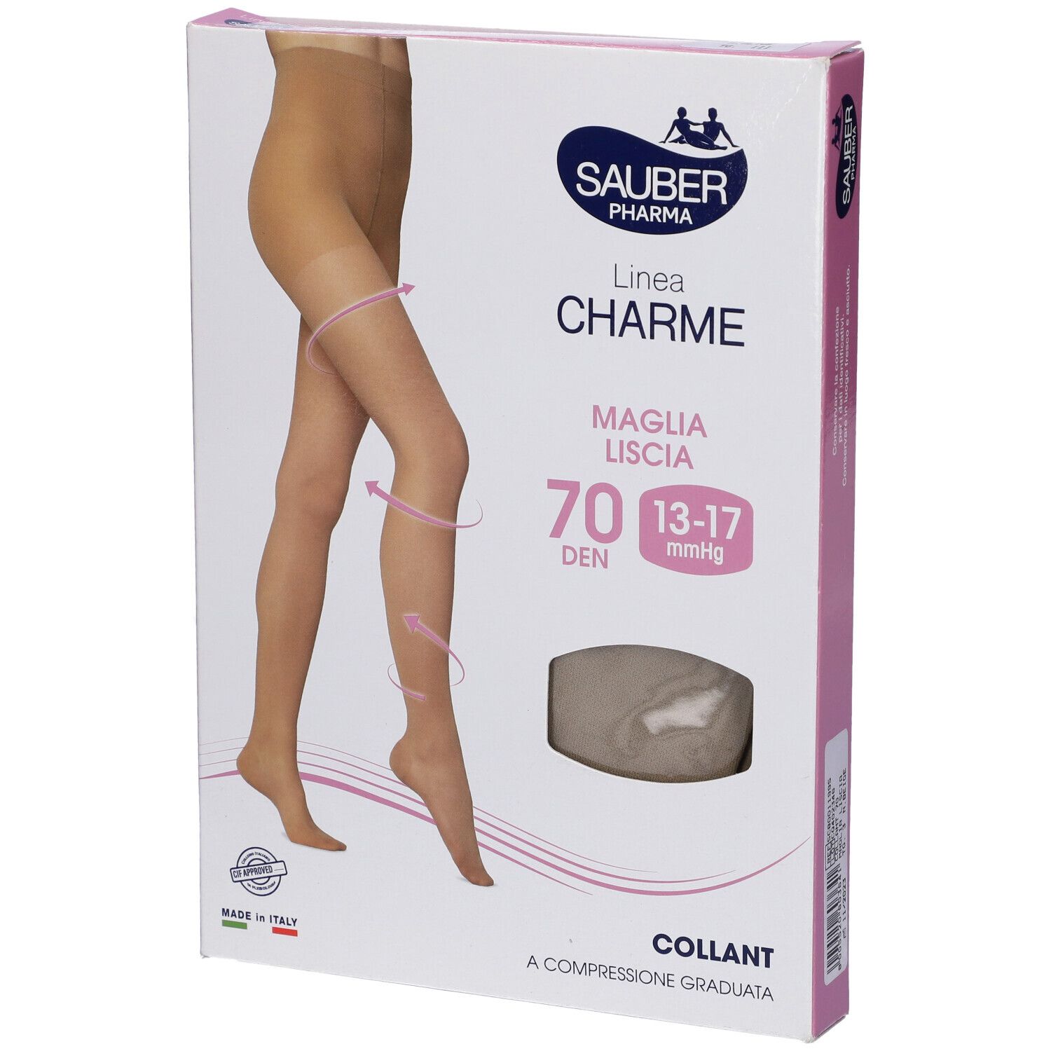 Confezione collant Sauber Pharma, modello Charme, 70 den, colore beige. Immagine di donna con collant.