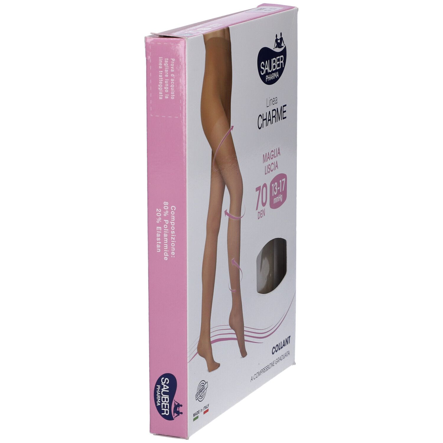 Confezione collant Sauber Pharma, modello Charme, 70 den, colore beige. Vista laterale della confezione.