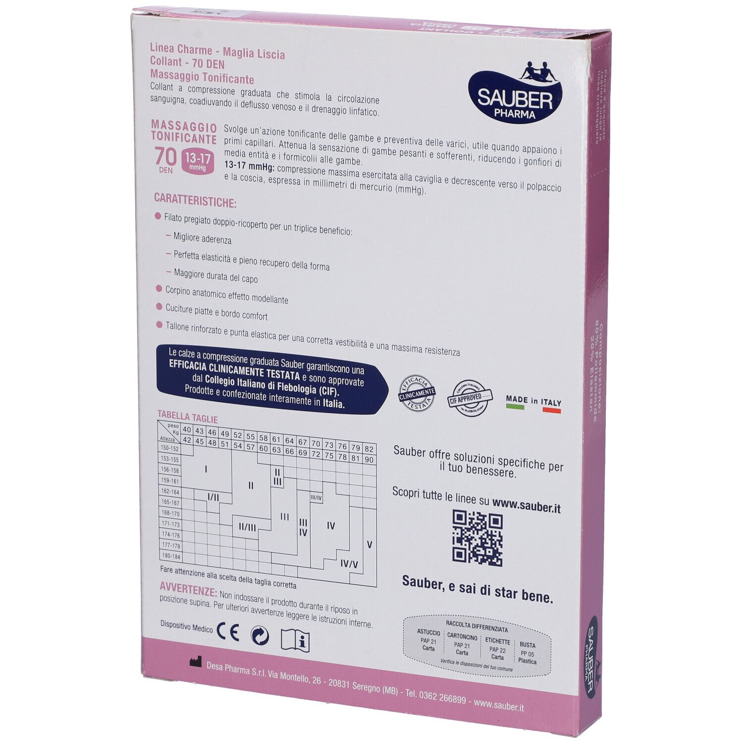 Retro della confezione con informazioni sui collant. Marca Sauber Pharma, modello Charme, 70 den.