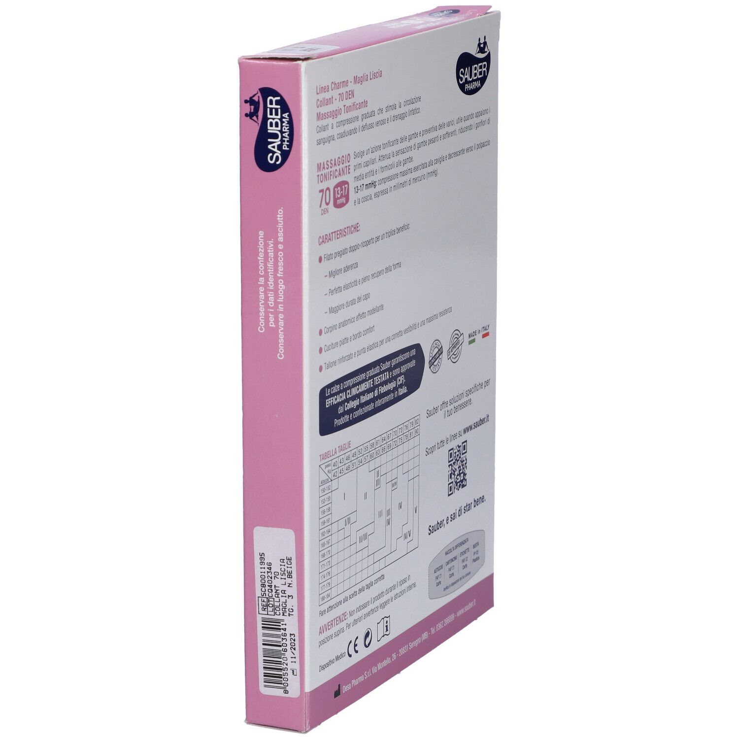 Vista laterale della confezione con informazioni sui collant. Marca Sauber Pharma, modello Charme, 70 den.