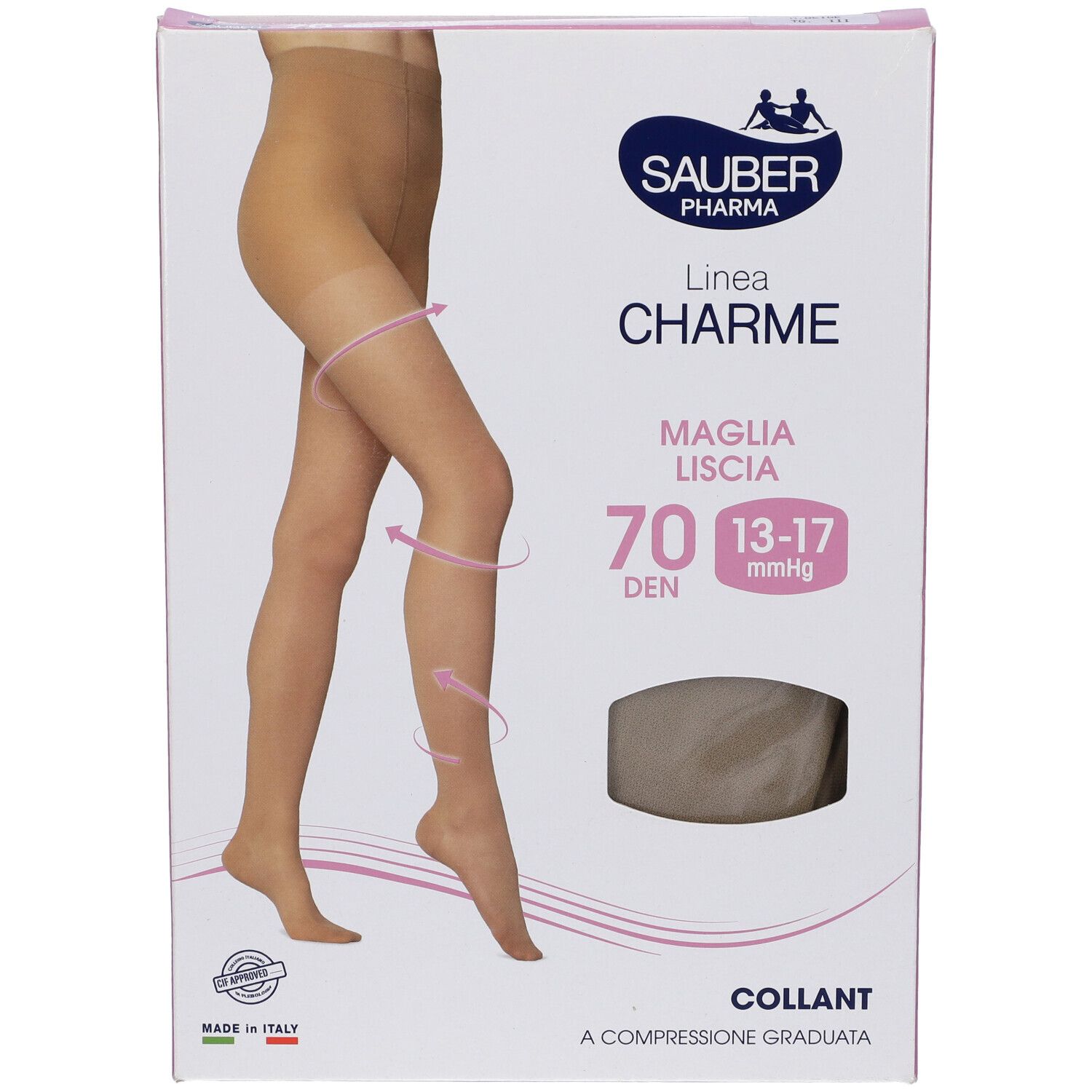 Confezione collant Sauber Pharma, modello Charme, 70 den, colore beige. Immagine di donna con collant.