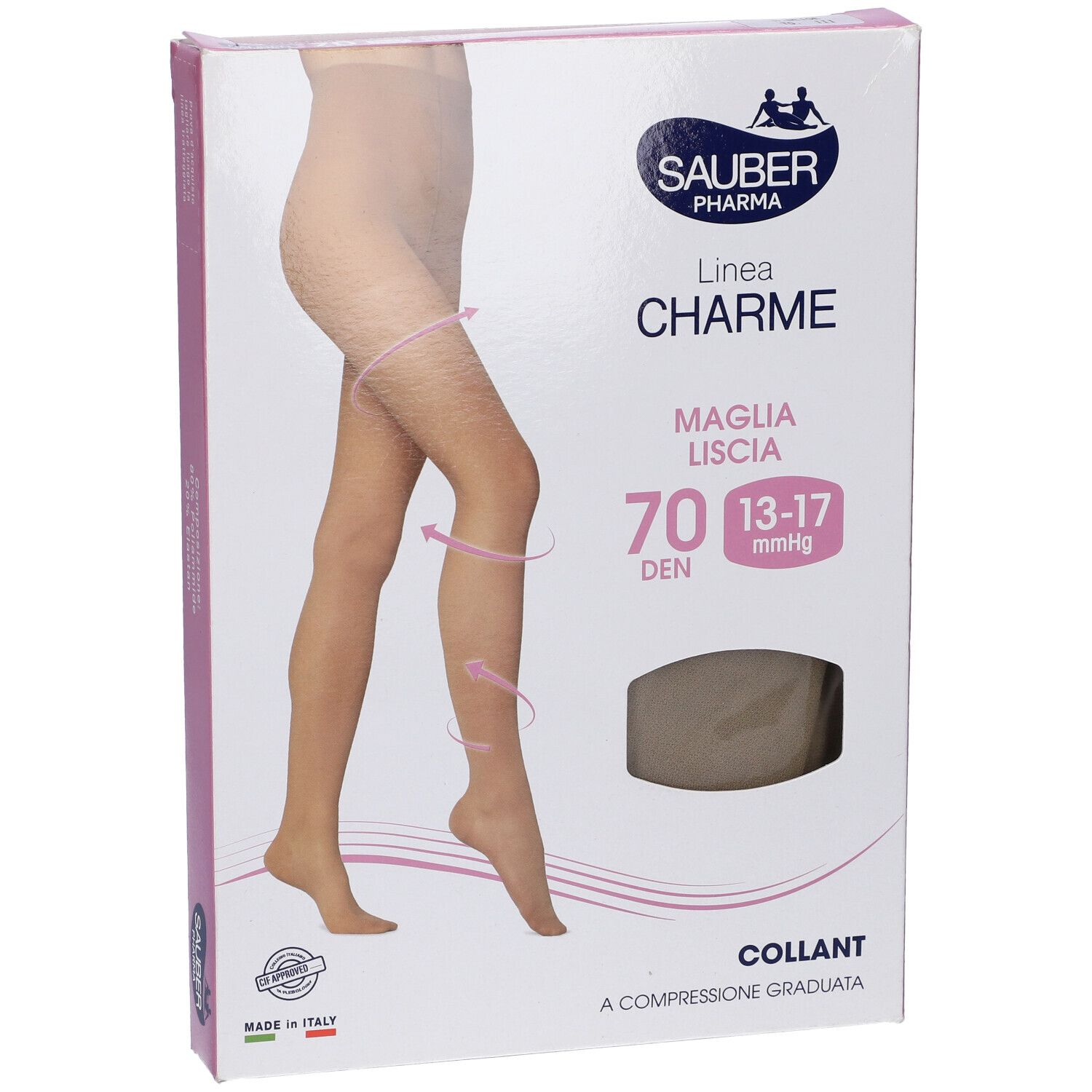 Confezione collant Sauber Pharma, modello Charme, 70 den, colore beige. Immagine di donna con collant.