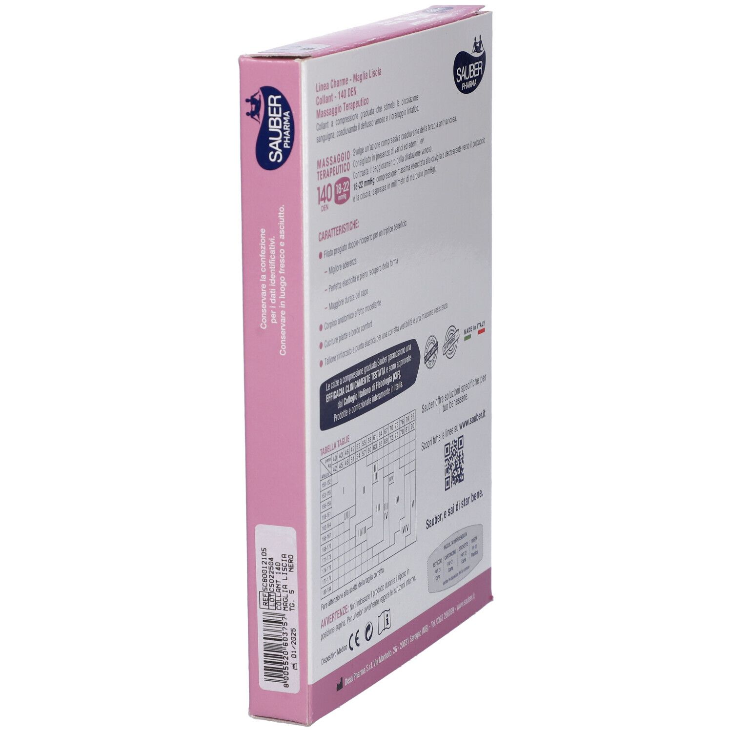 Vista laterale della confezione. Marca Sauber Pharma. Informazioni sulle caratteristiche e taglie. Made in Italy.