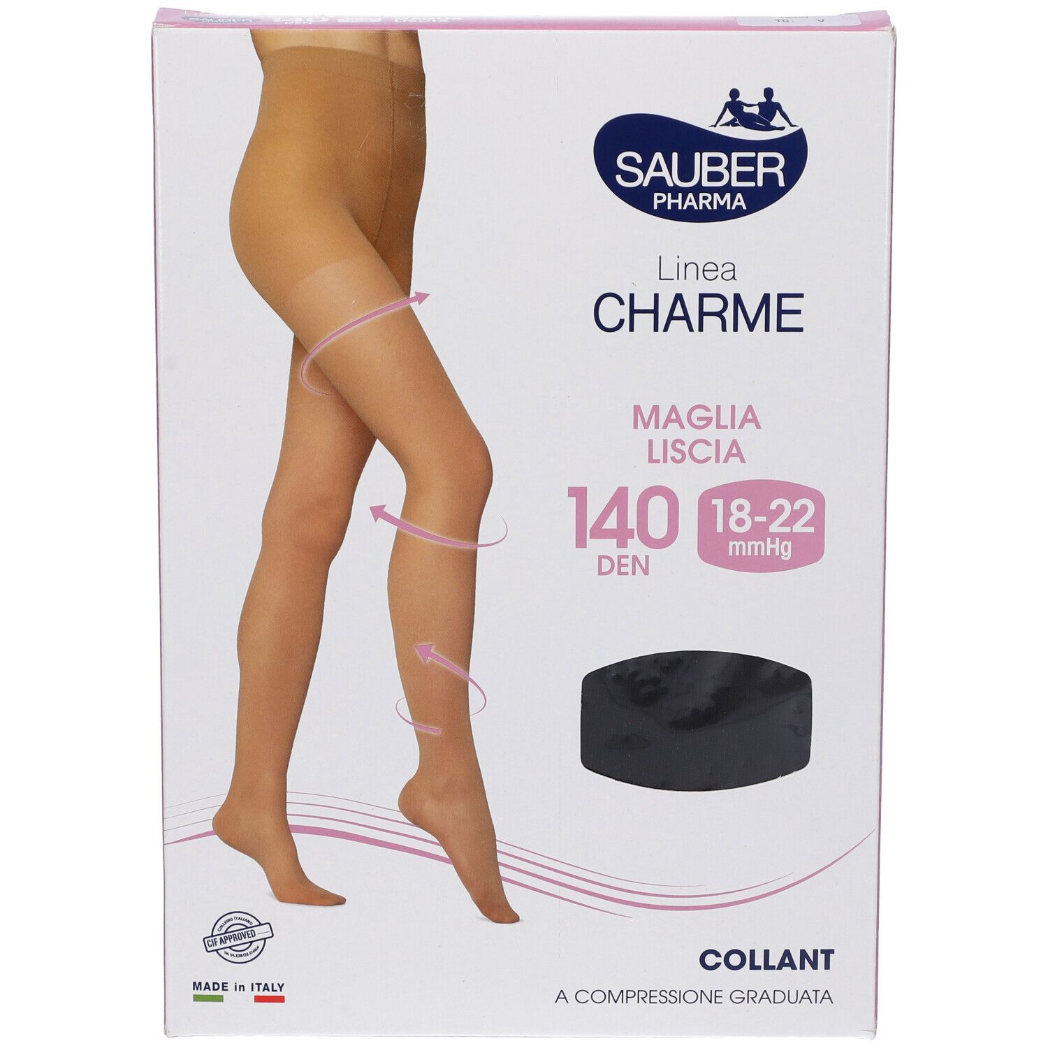 Confezione collant Sauber Pharma, linea Charme. 140 den, 18-22 mmHg. Collant nero. Made in Italy.