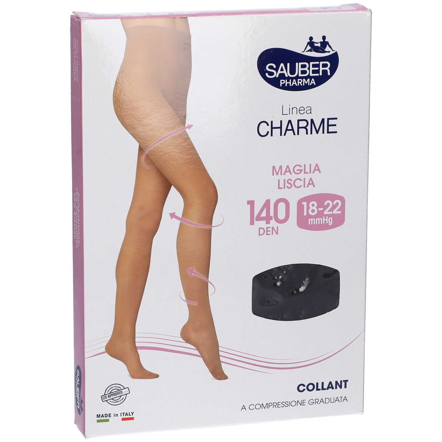 Confezione collant Sauber Pharma, linea Charme. 140 den, 18-22 mmHg. Collant nero. Made in Italy.