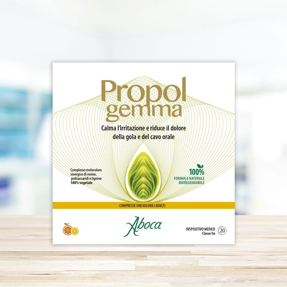 Confezione Propolgemma. Marchio Aboca. Contiene 20 compresse. Dispositivo medico. Bianco con elementi gialli e verdi.
