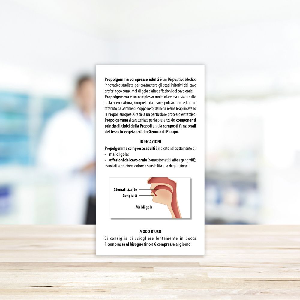 Confezione Propolgemma. Informazioni su uso e indicazioni. Dispositivo medico. Logo Aboca.