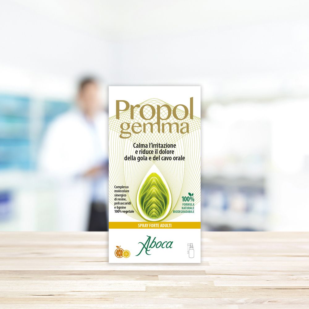 Confezione del prodotto con nome e logo. Testo: Calma l'irritazione e riduce il dolore della gola e del cavo orale.