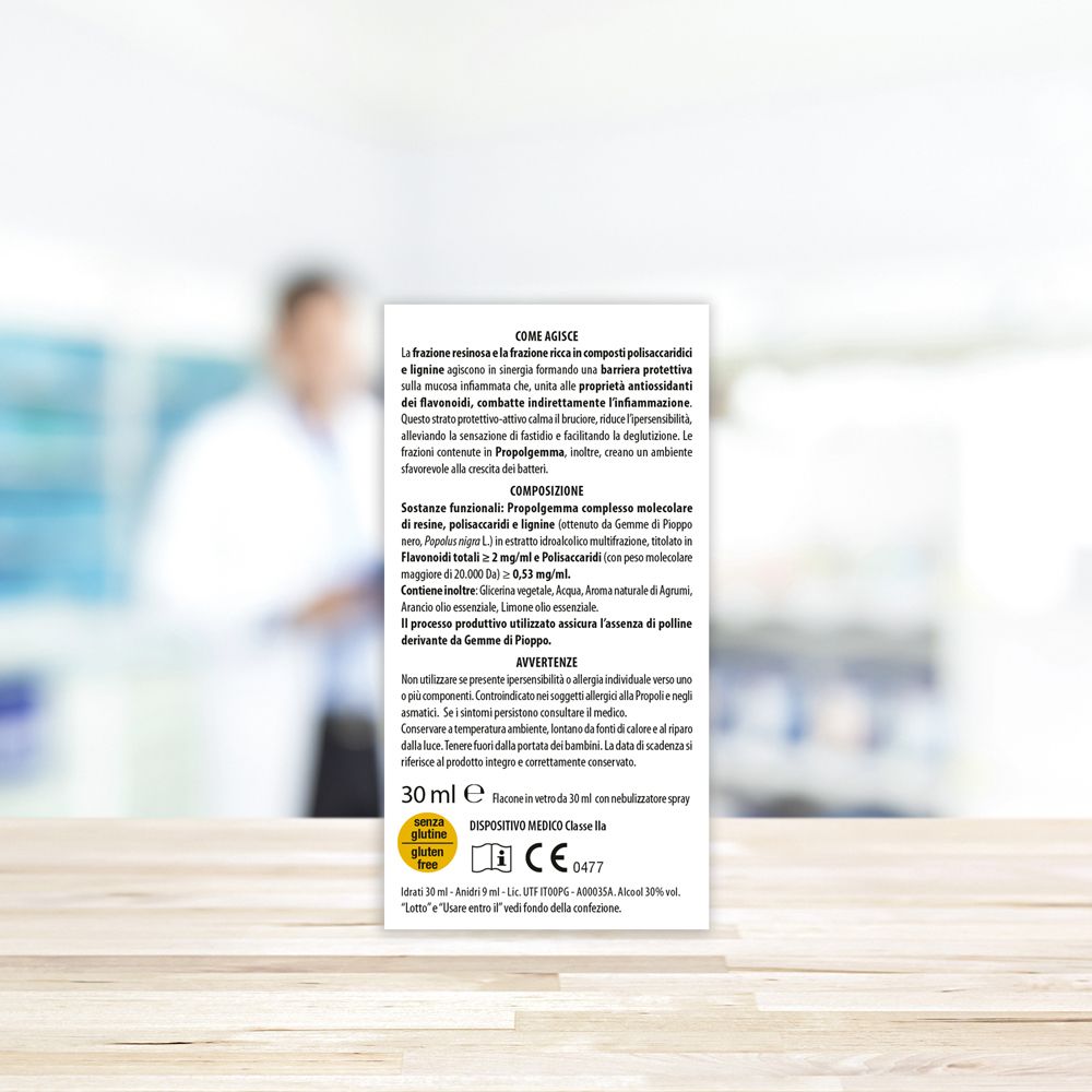 Retro della confezione con testo e informazioni. 30 ml, senza glutine, marchio CE.