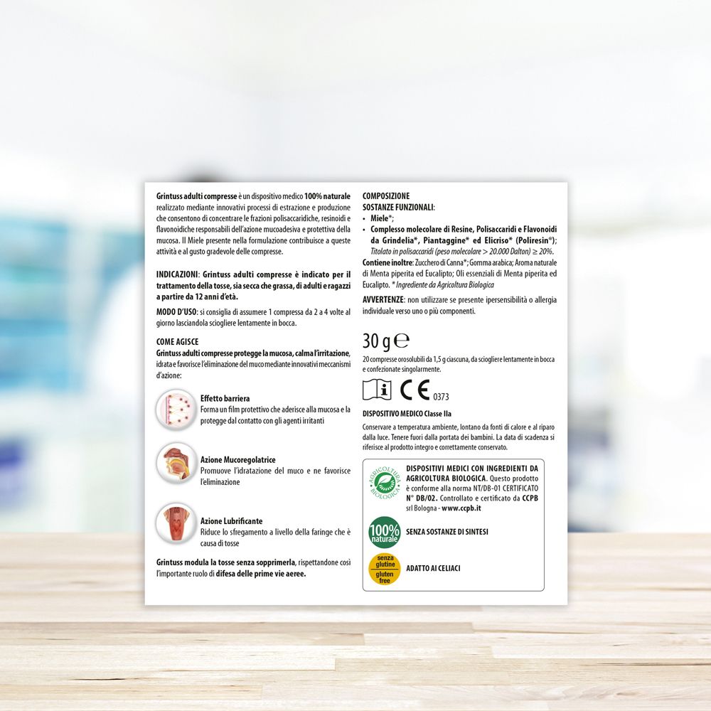 Retro della scatola Grintuss Adulti Compresse. Testo e loghi. 30g. Elenco ingredienti.