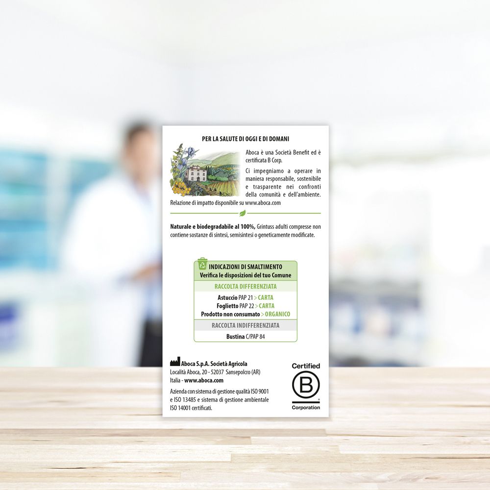 Scatola Grintuss Adulti Compresse. Scritto: Tosse, secca e grassa. Logo Aboca. 20 compresse.
