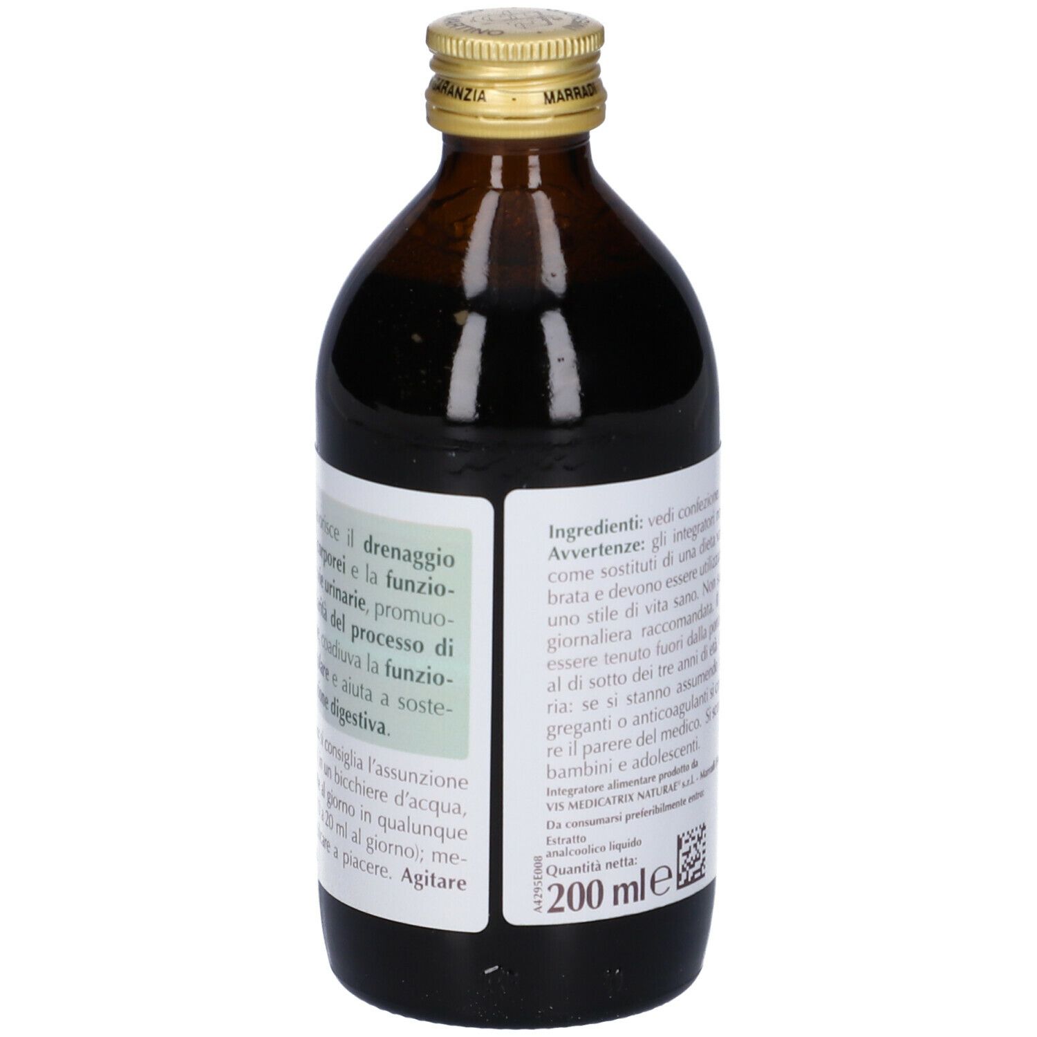 Bottiglia di vetro marrone con tappo dorato. Etichetta con testo. Scritta: Olmaria Estratto Integrale. Marchio: Giorgini Dr. Martino. 200 ml.