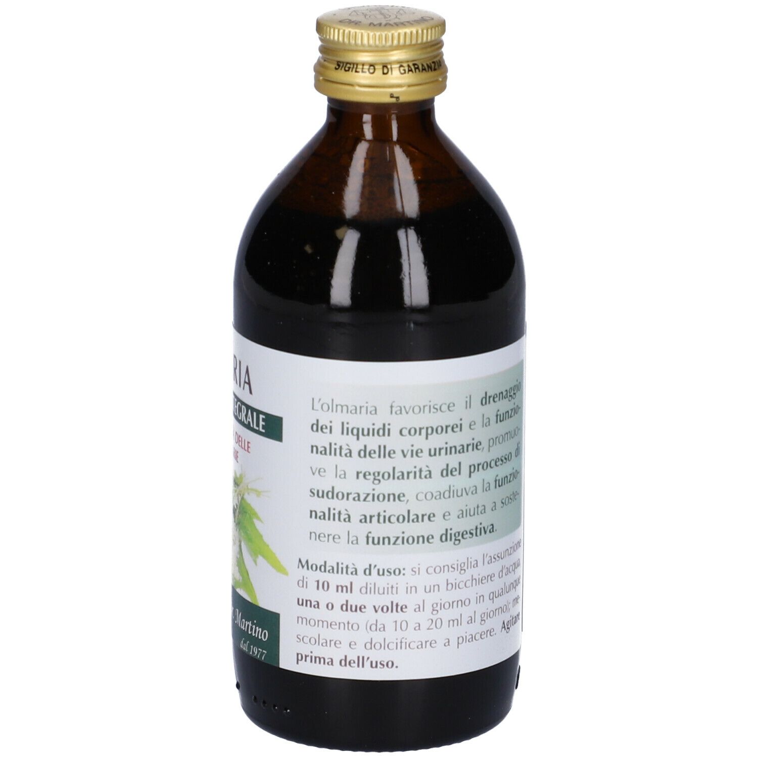 Bottiglia di vetro marrone con tappo dorato. Etichetta con testo. Scritta: Olmaria Estratto Integrale. Marchio: Giorgini Dr. Martino. 200 ml.